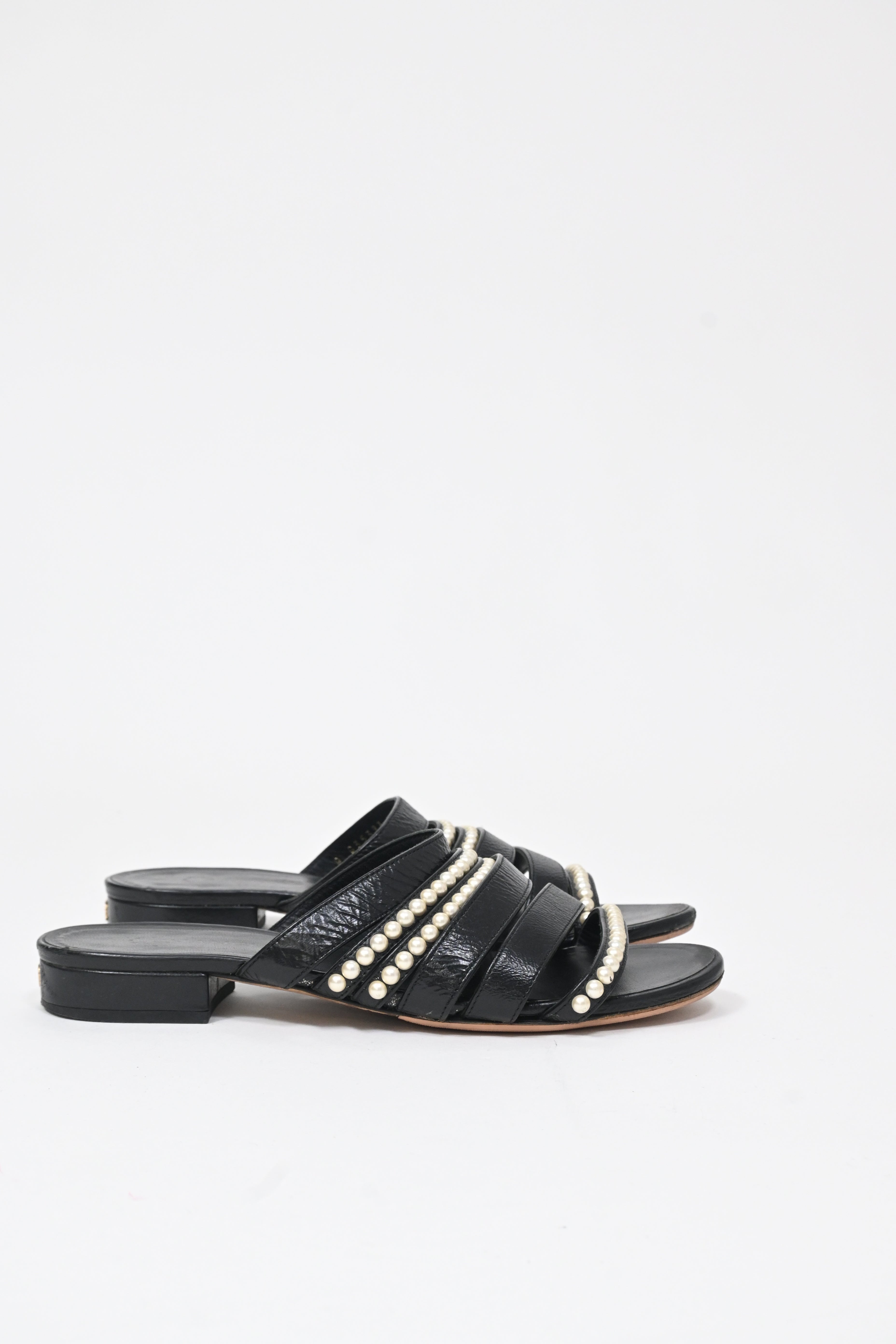 Women's  Chanel CC Pearl-Embellished Slip-On Flats in Black Leather