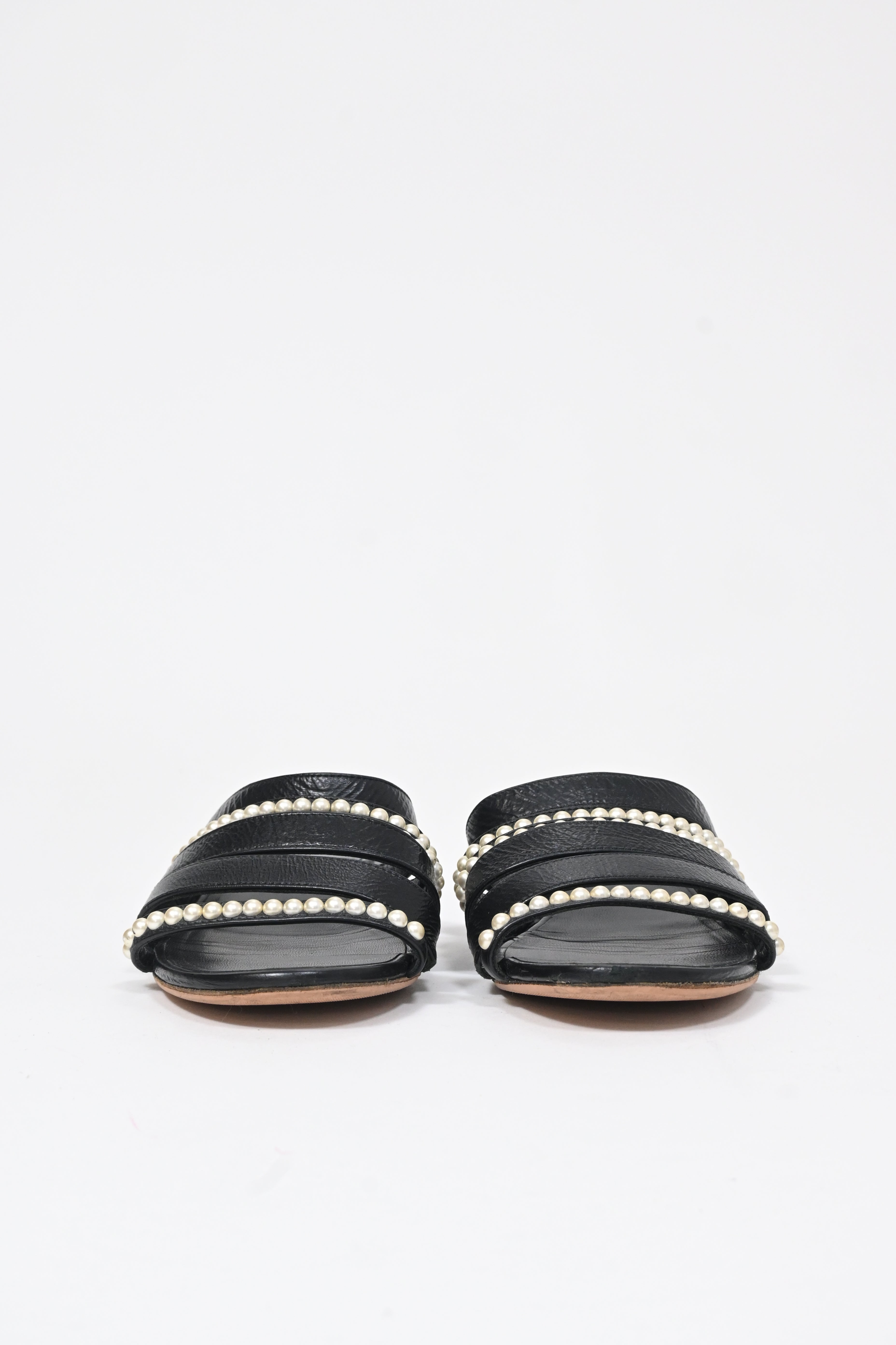 Women's  Chanel CC Pearl-Embellished Slip-On Flats in Black Leather
