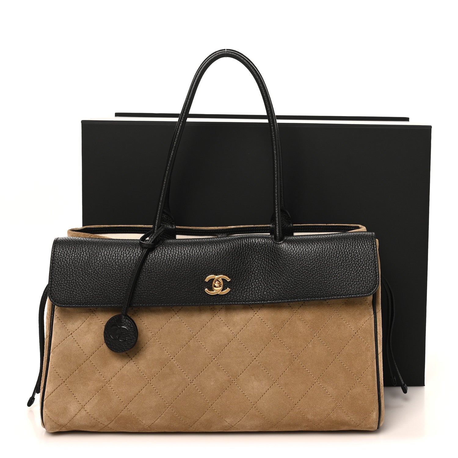 Grained Calfskin Suede Urban Essentials Shopping Bag Beige Black