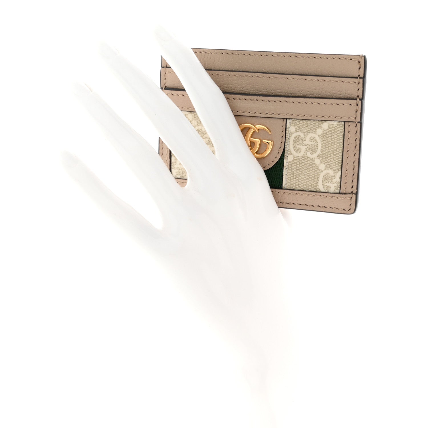 GG Supreme Monogram Textured Dollar Calfskin Web Ophidia Card Holder Beige Mystic White Oatmeal