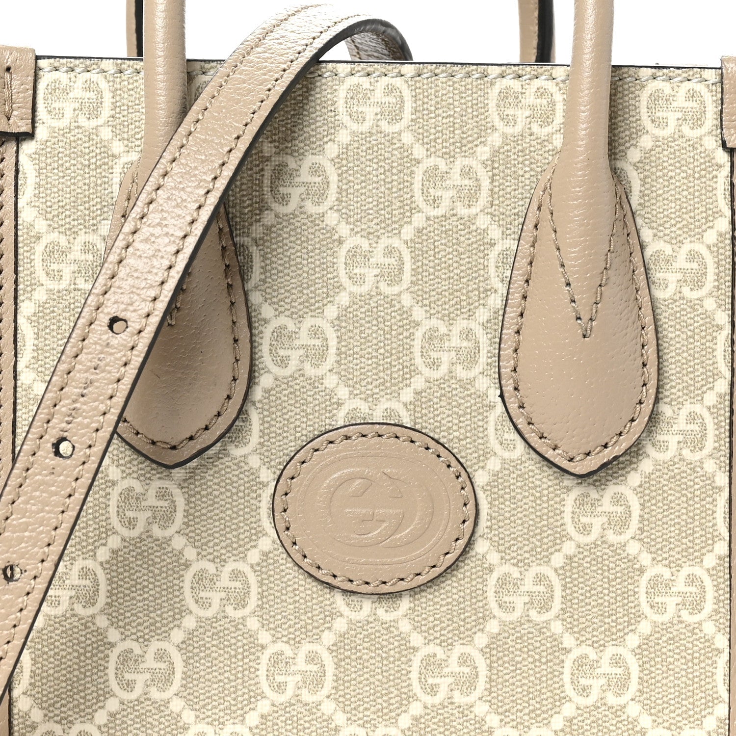 GG Supreme Monogram Textured Dollar Calfskin Mini Retro Interlocking G Tote Bag Beige Mystic White Oatmeal