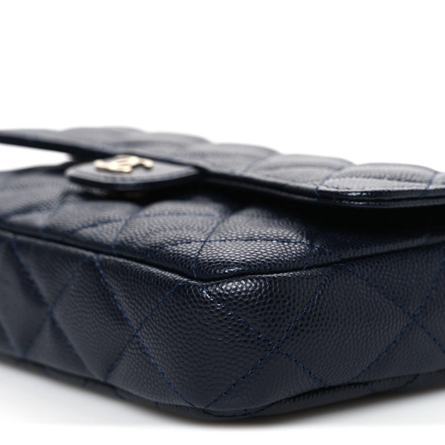 Caviar Quilted Flap Phone Holder With Chain Navy Blue