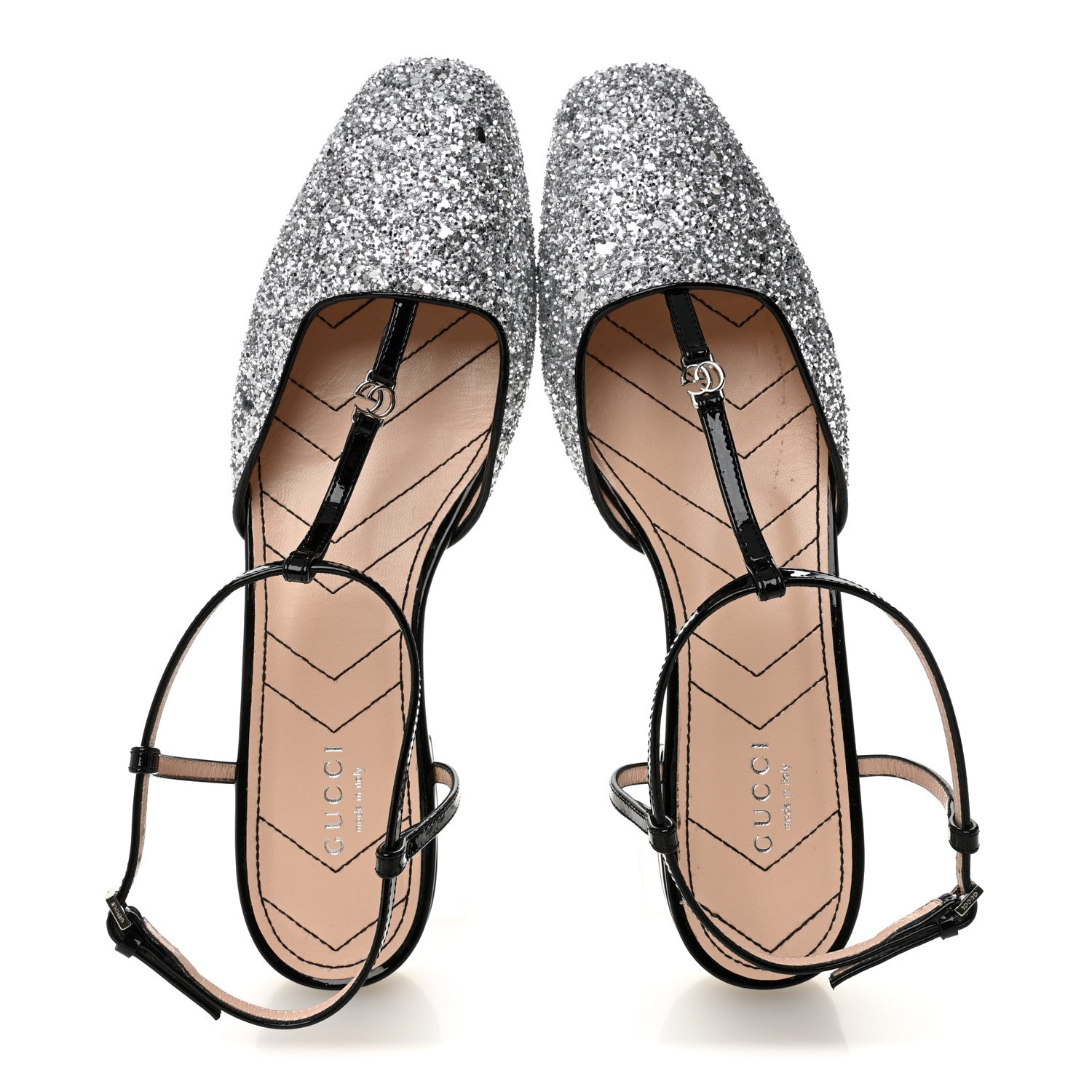 Calfskin Glitter Double G Slingback Flats 39 Silver Black