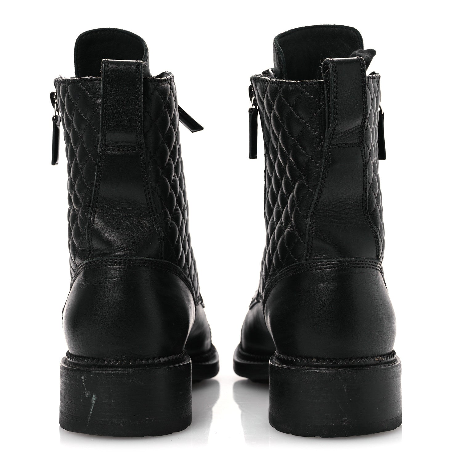 Calfskin Quilted Lace Up Combat Boots 37.5 Black