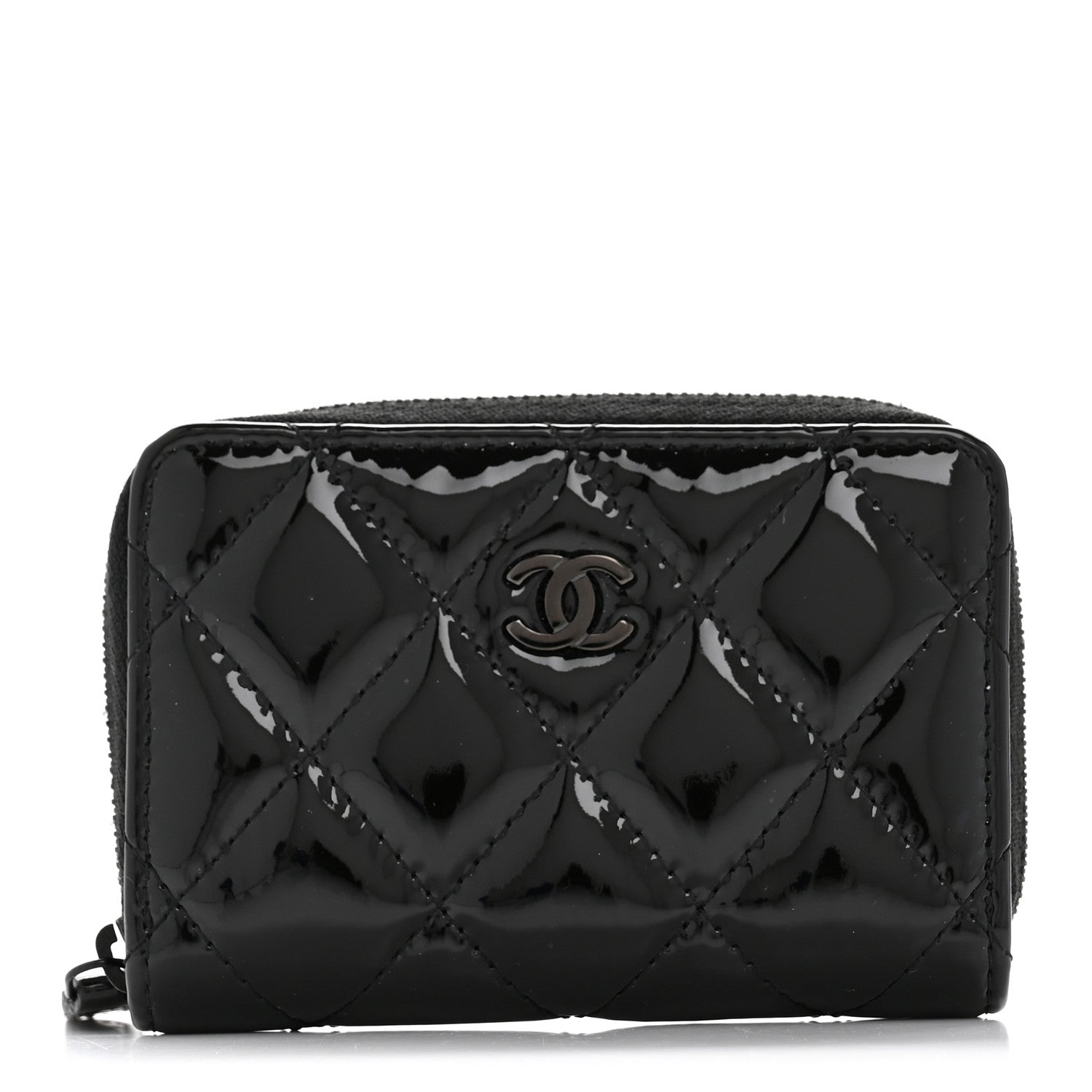 Patent Calfskin Quilted Zip Coin Purse Wallet So Black