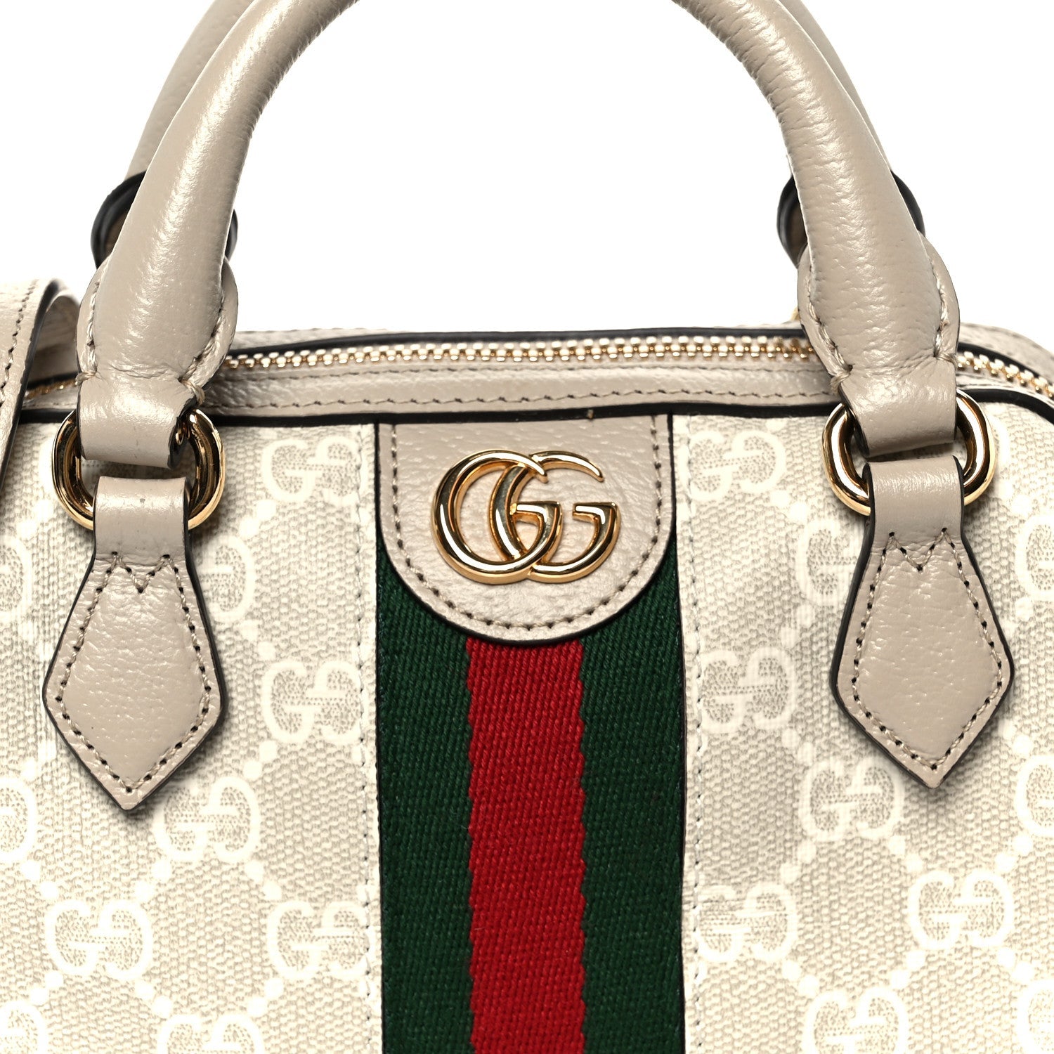 GG Supreme Monogram Textured Dollar Calfskin Web Super Mini Ophidia Top Handle Bowler Bag Beige Mystic White Oatmeal