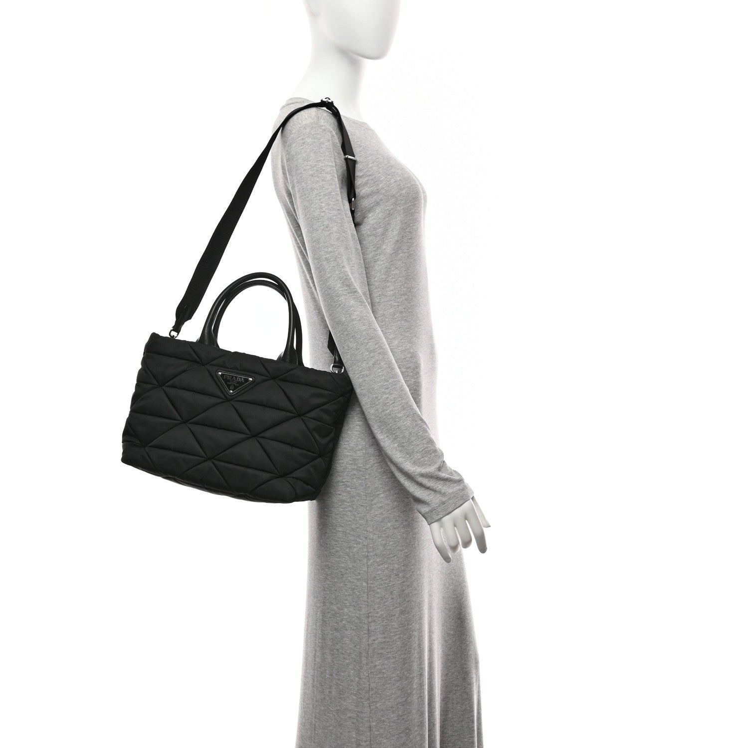 Re-Nylon Nappa Triangle Quilted Padded Small Double Handled Zip Tote Black