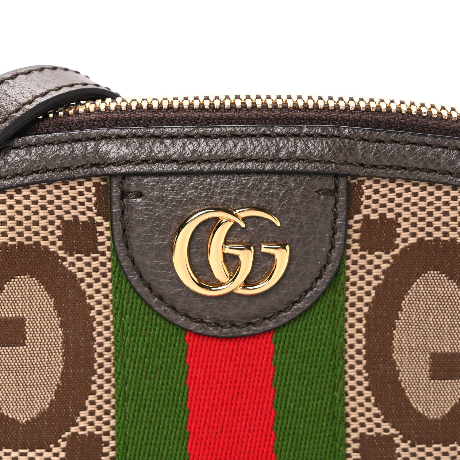 Monogram Jumbo GG Textured Dollar Calfskin Web Small Ophidia Dome Shoulder Bag Camel Ebony New Acero