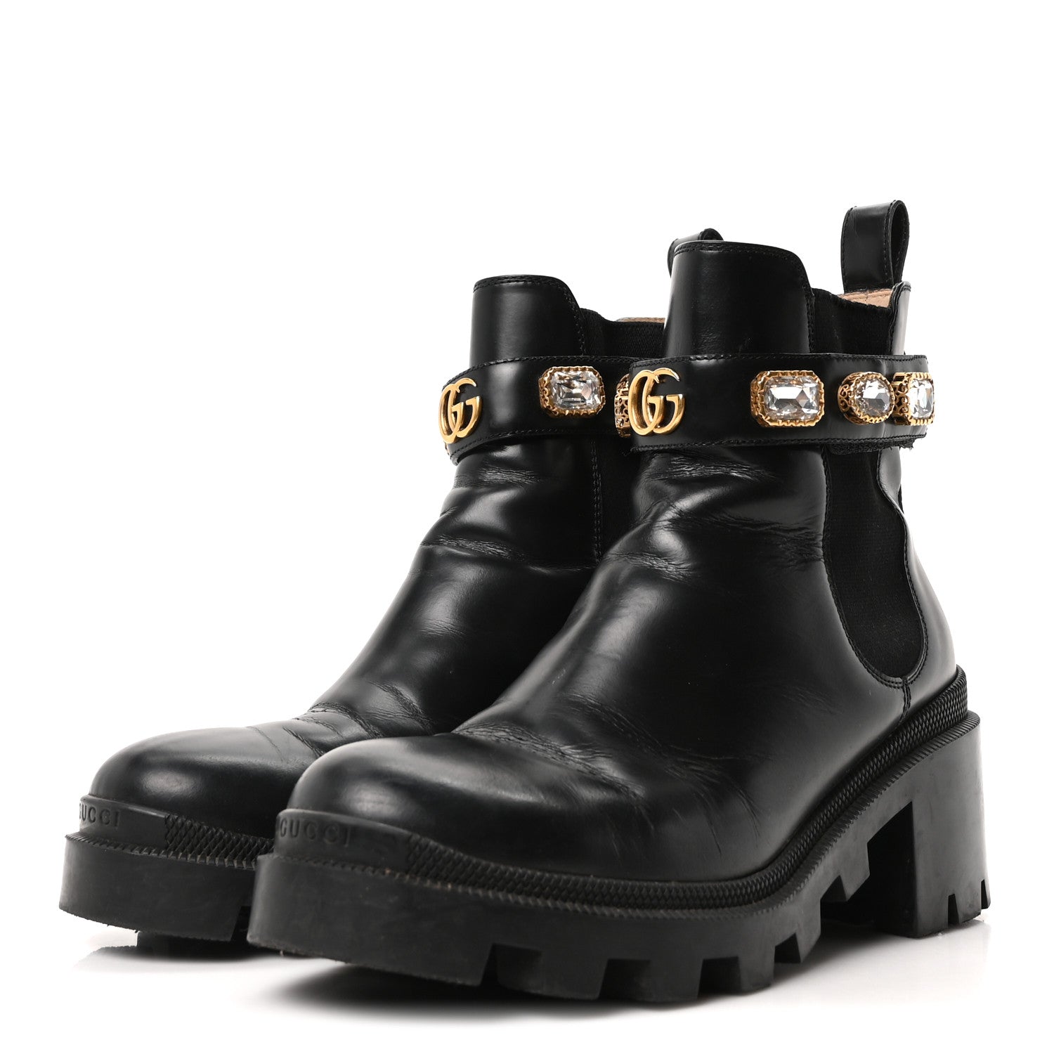 Calfskin Crystal GG Trip Chelsea Ankle Boots 38 Black