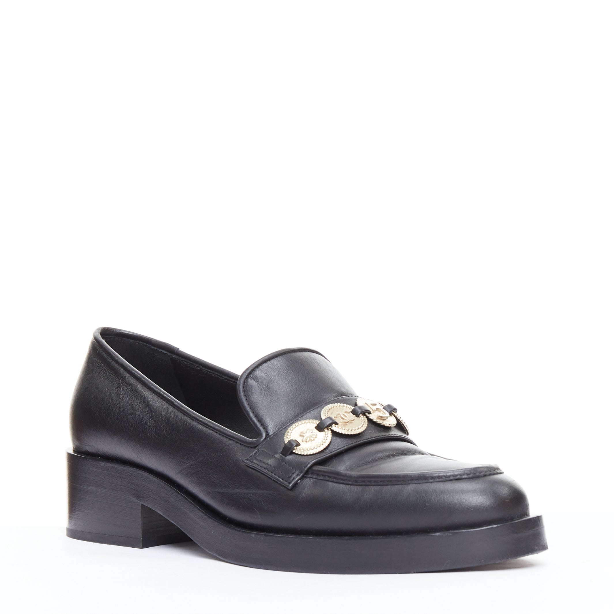 Women's Chanel Leather Gold Cc Embellished Classic Loafers