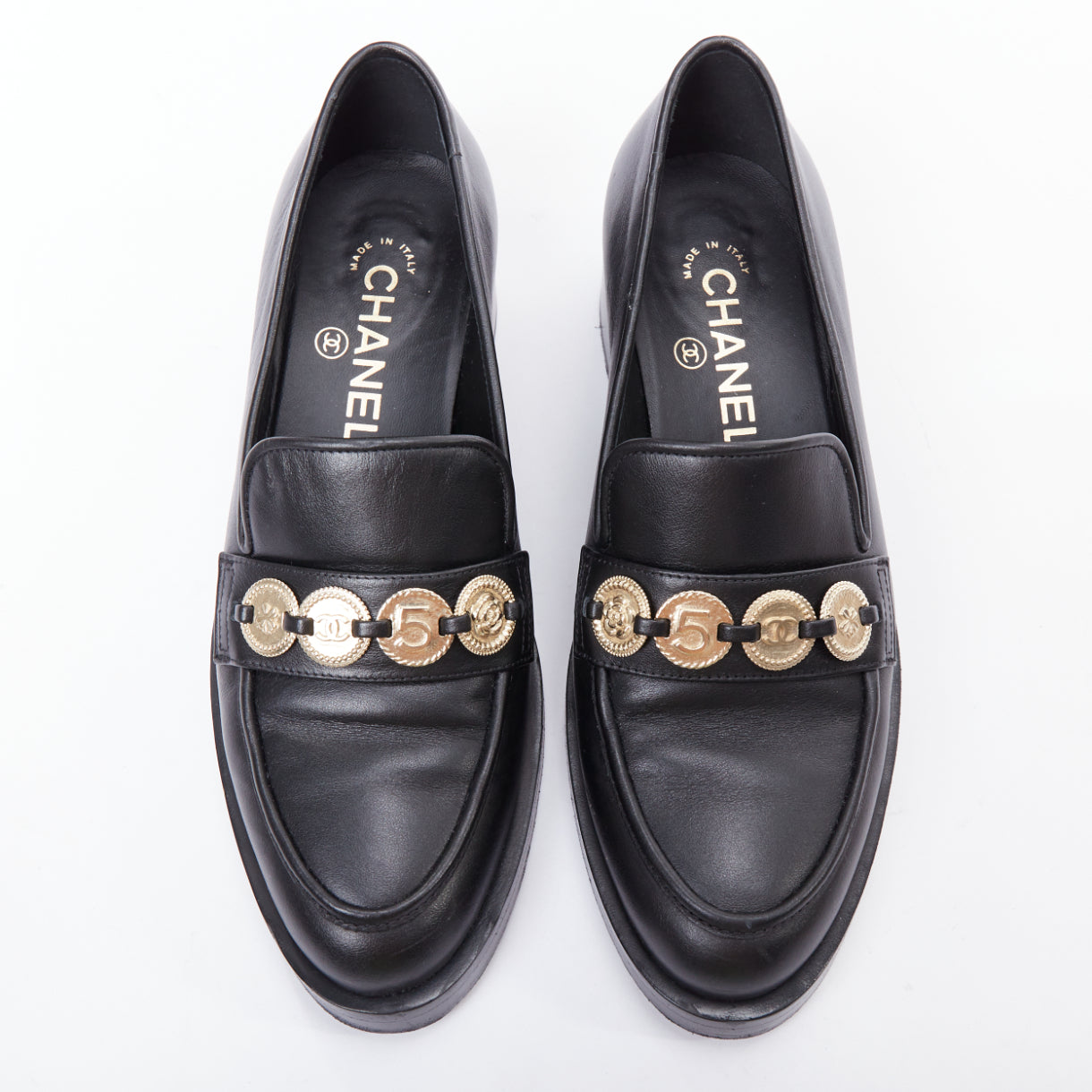 Women's Chanel Leather Gold Cc Embellished Classic Loafers