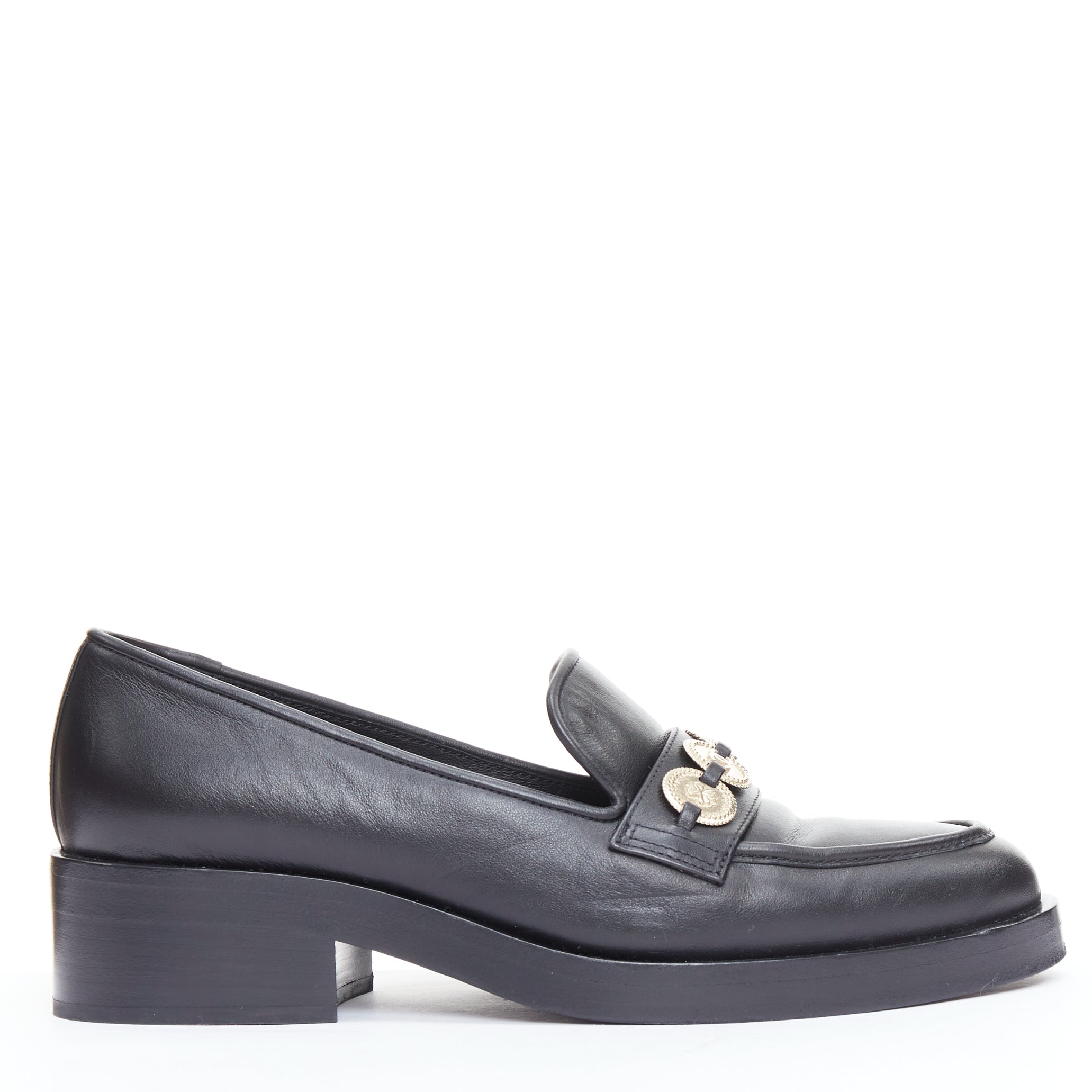 Women's Chanel Leather Gold Cc Embellished Classic Loafers