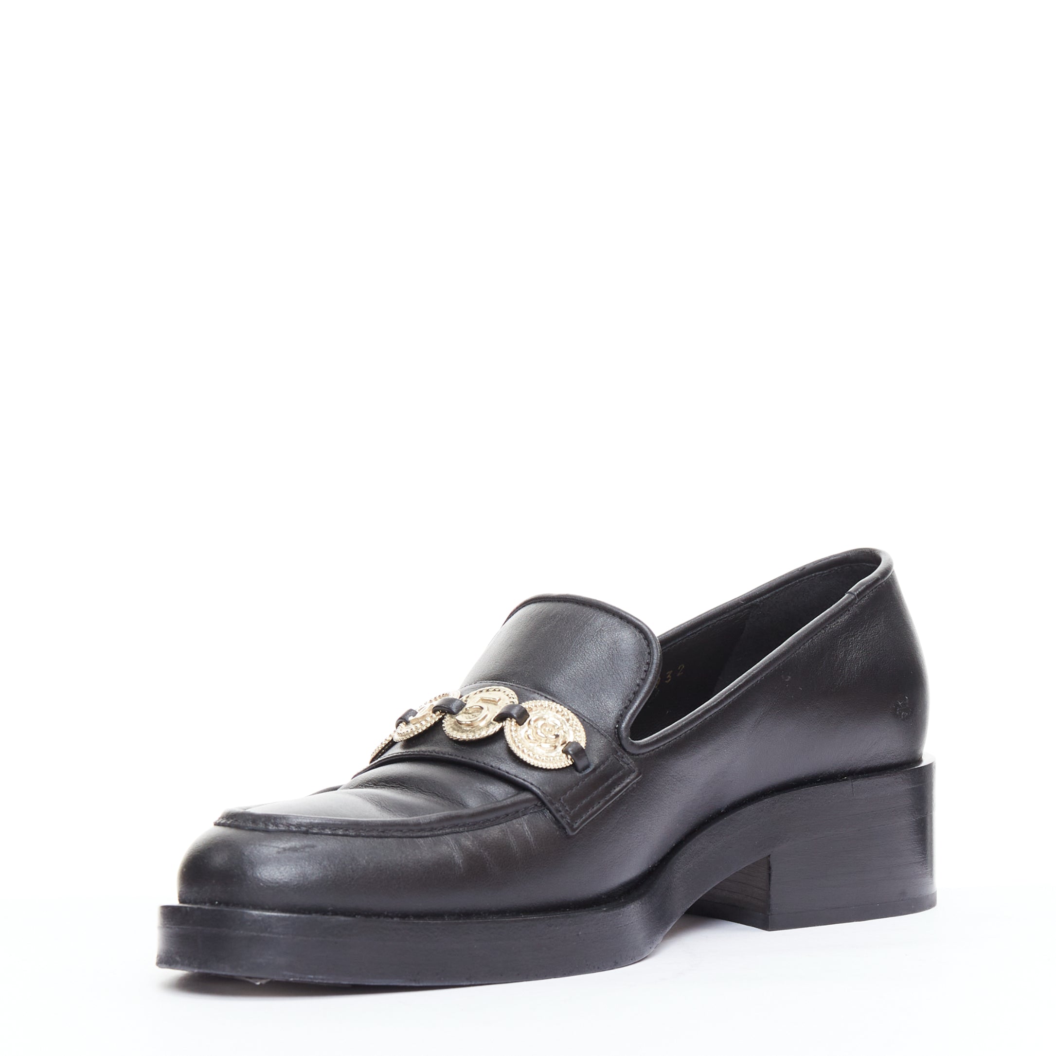 Women's Chanel Leather Gold Cc Embellished Classic Loafers