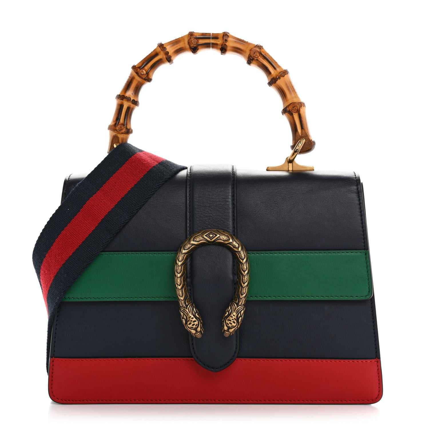 Moon Calfskin Web Medium Dionysus Bamboo Top Handle Bag Blue Emerald Hibiscus Red