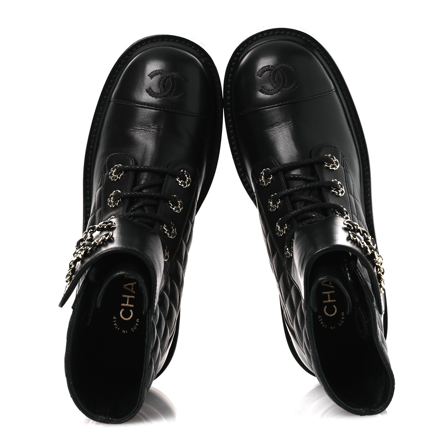 Shiny Lambskin Quilted Lace Up Combat Boots 37 Black