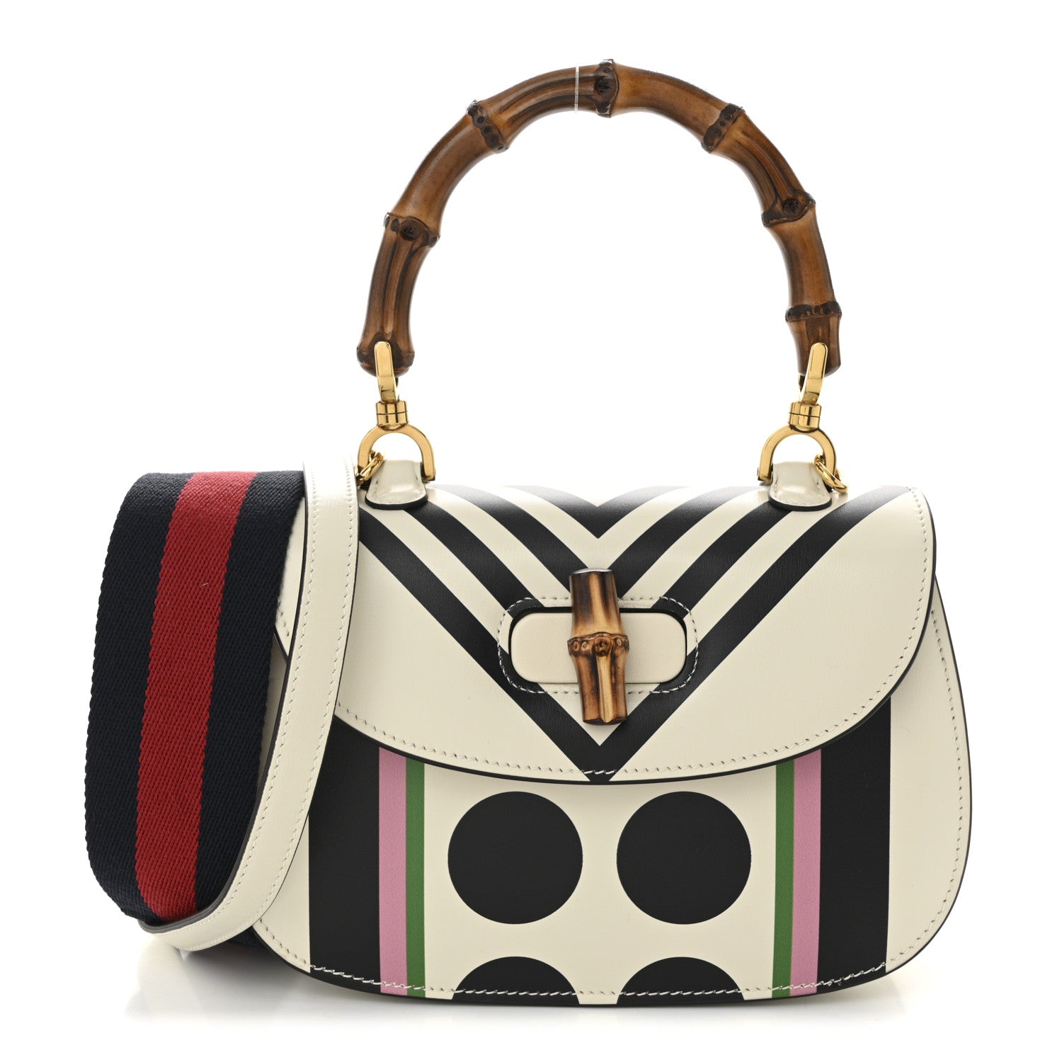 Calfskin Web Geometric Print Small Bamboo 1947 Top Handle Bag White Multi