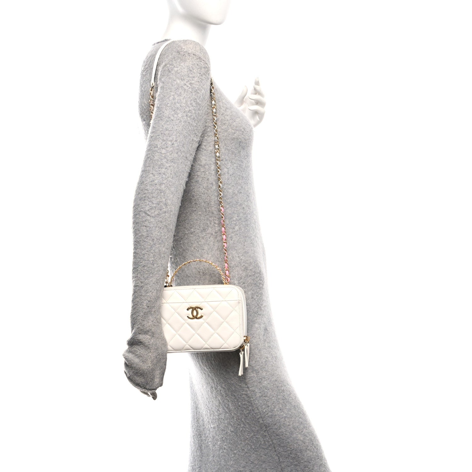 Shiny Calfskin Quilted Top Handle Vanity Case White