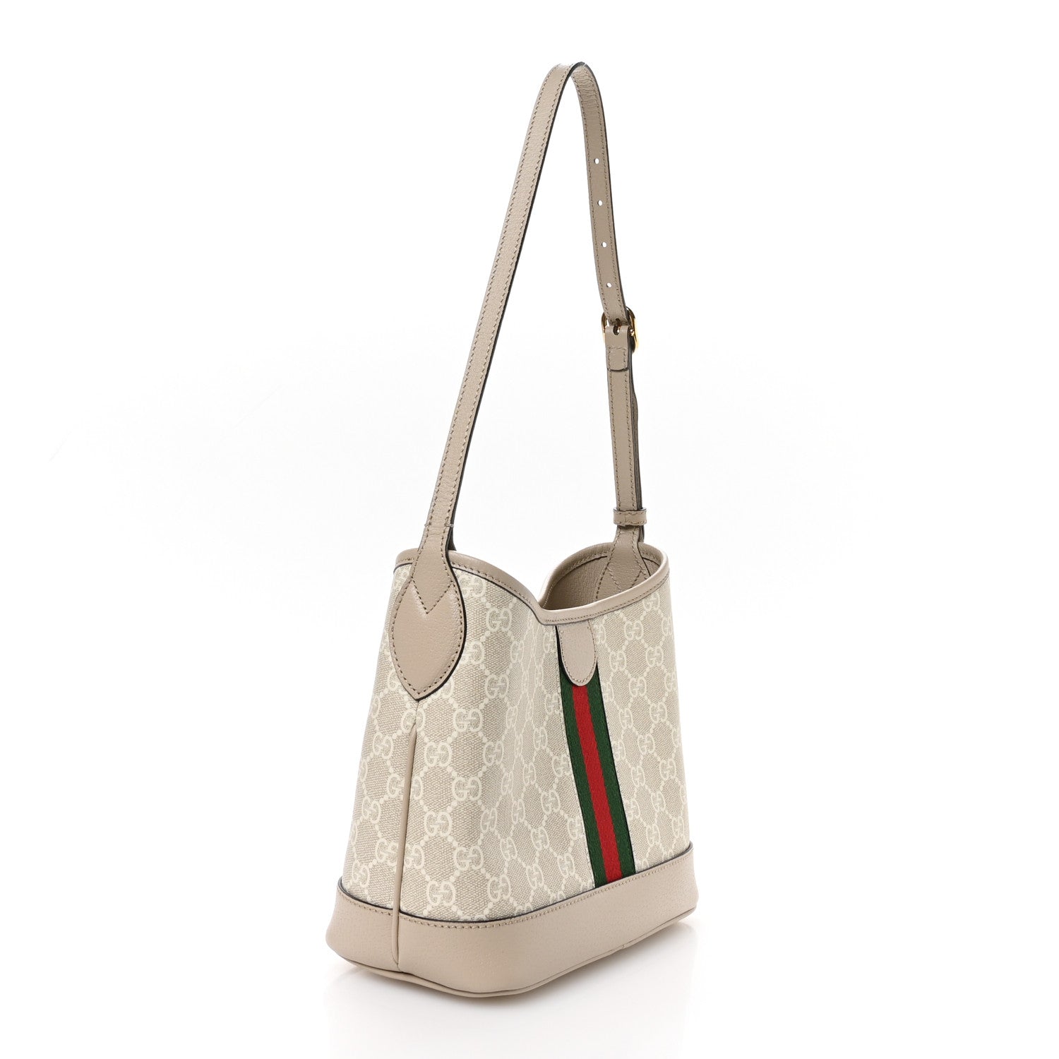 GG Supreme Monogram Textured Dollar Calfskin Web Small Ophidia Bucket Shoulder Bag Beige Mystic White Oatmeal