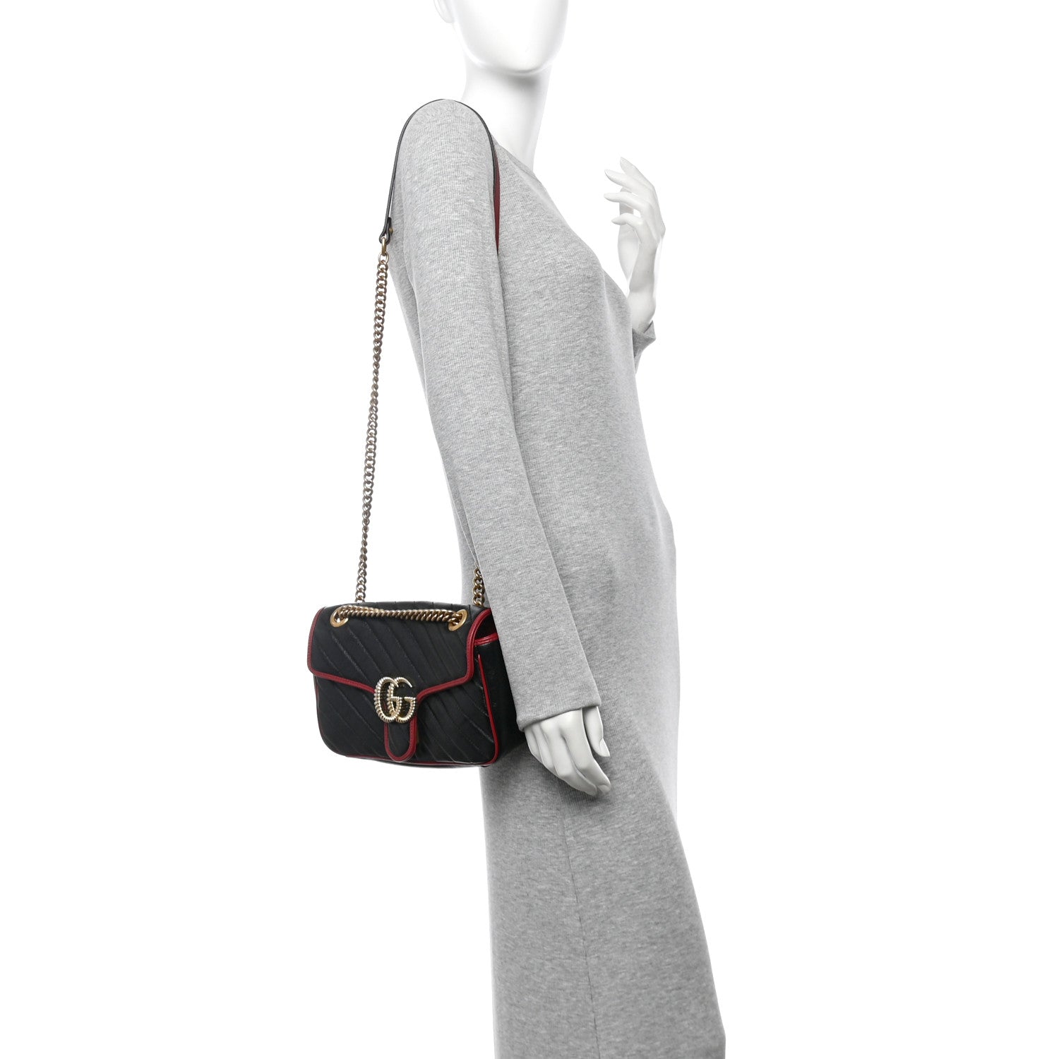 Vintage Effect Calfskin Matelasse Diagonal Small Torchon GG Marmont Shoulder Bag Black Romantic Cherry