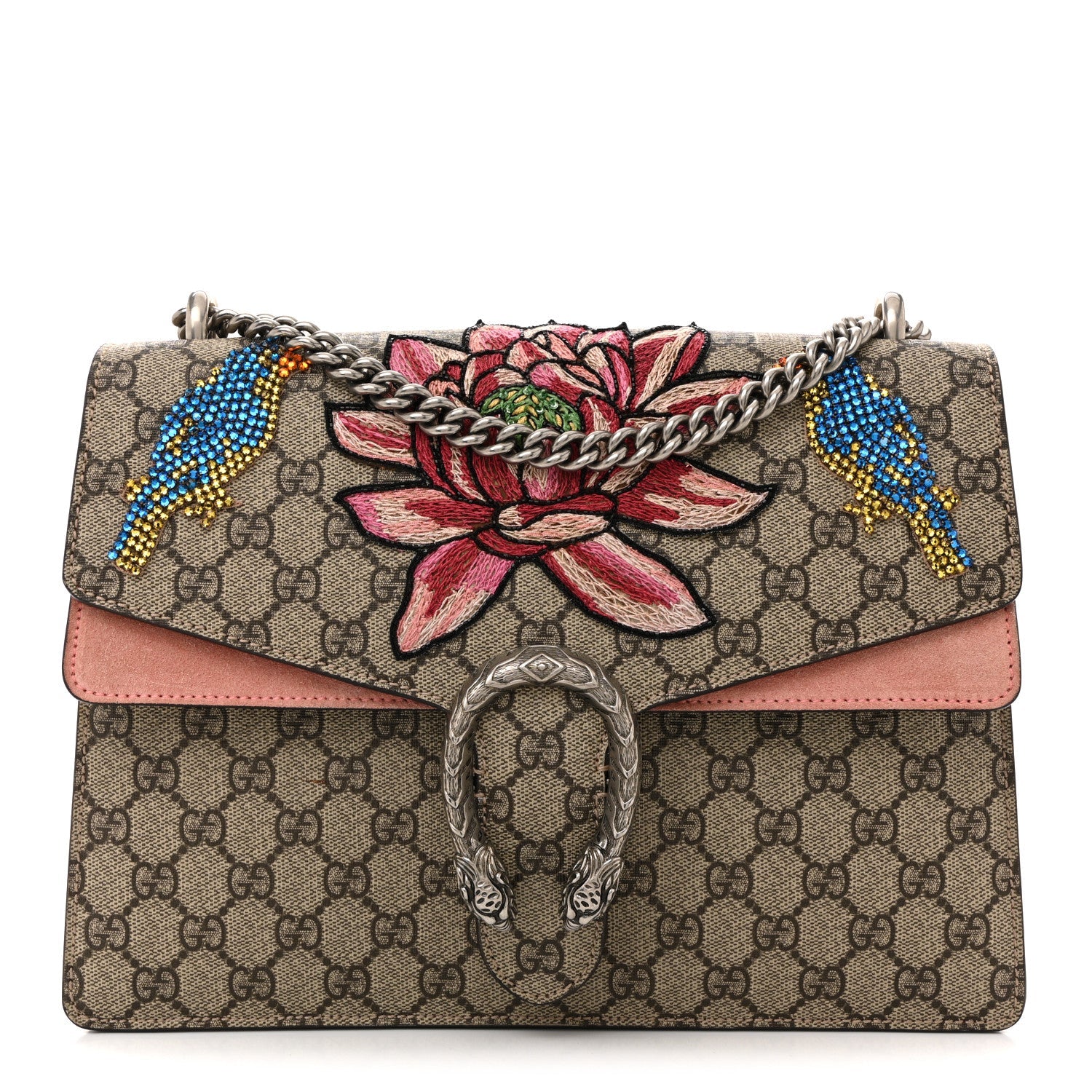 GG Supreme Monogram Crystal Floral Embroidered Medium Dionysus Shoulder Bag Beige Pink Beige Multicolor