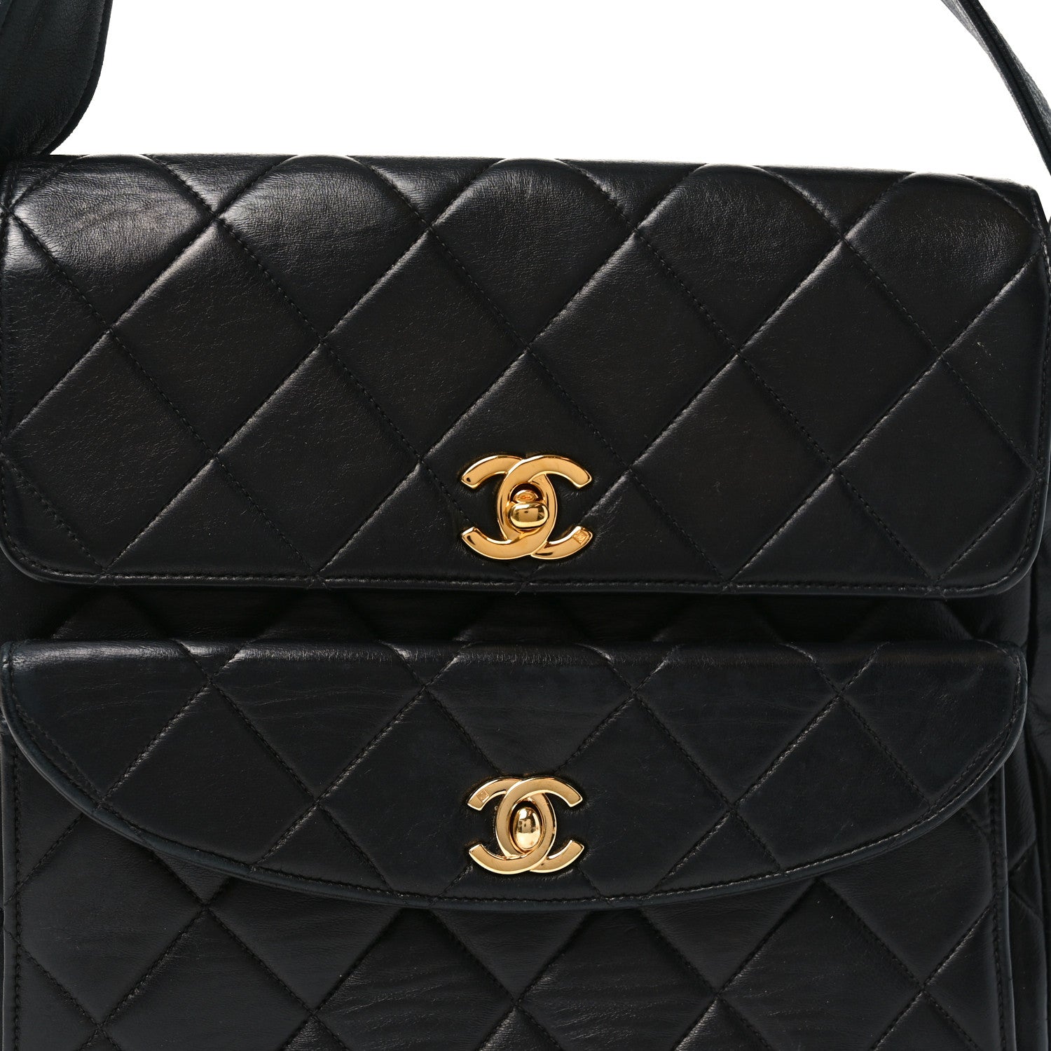 Lambskin Quilted Double Pocket Shoulder Bag Black