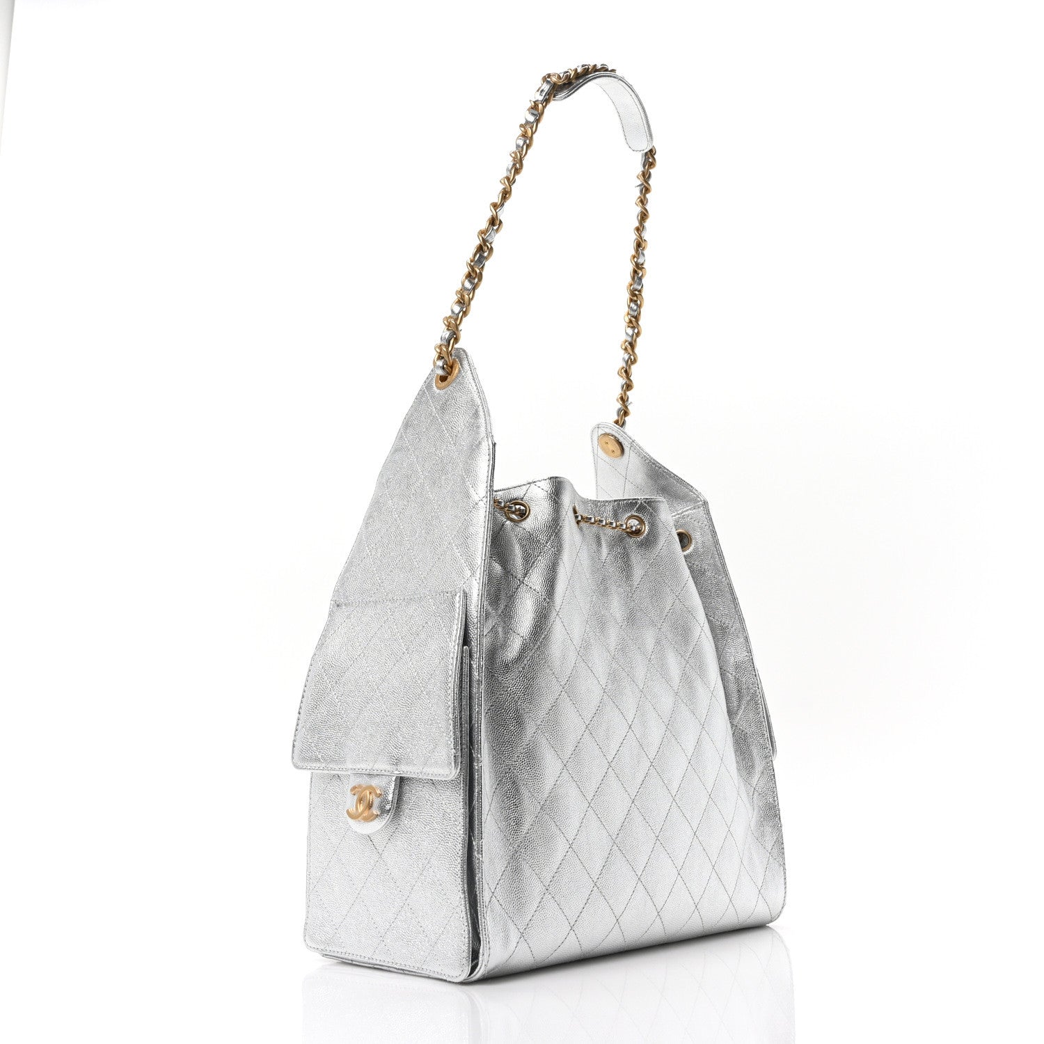 Metallic Caviar Quilted Medium Chanel 25 Handbag Silver