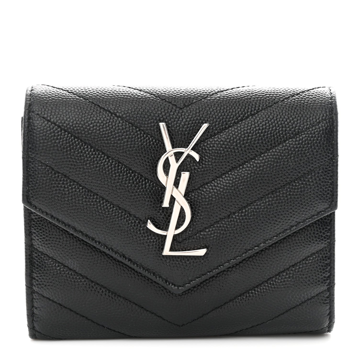 Grain De Poudre Matelasse Chevron Monogram Compact Tri Fold Wallet Black