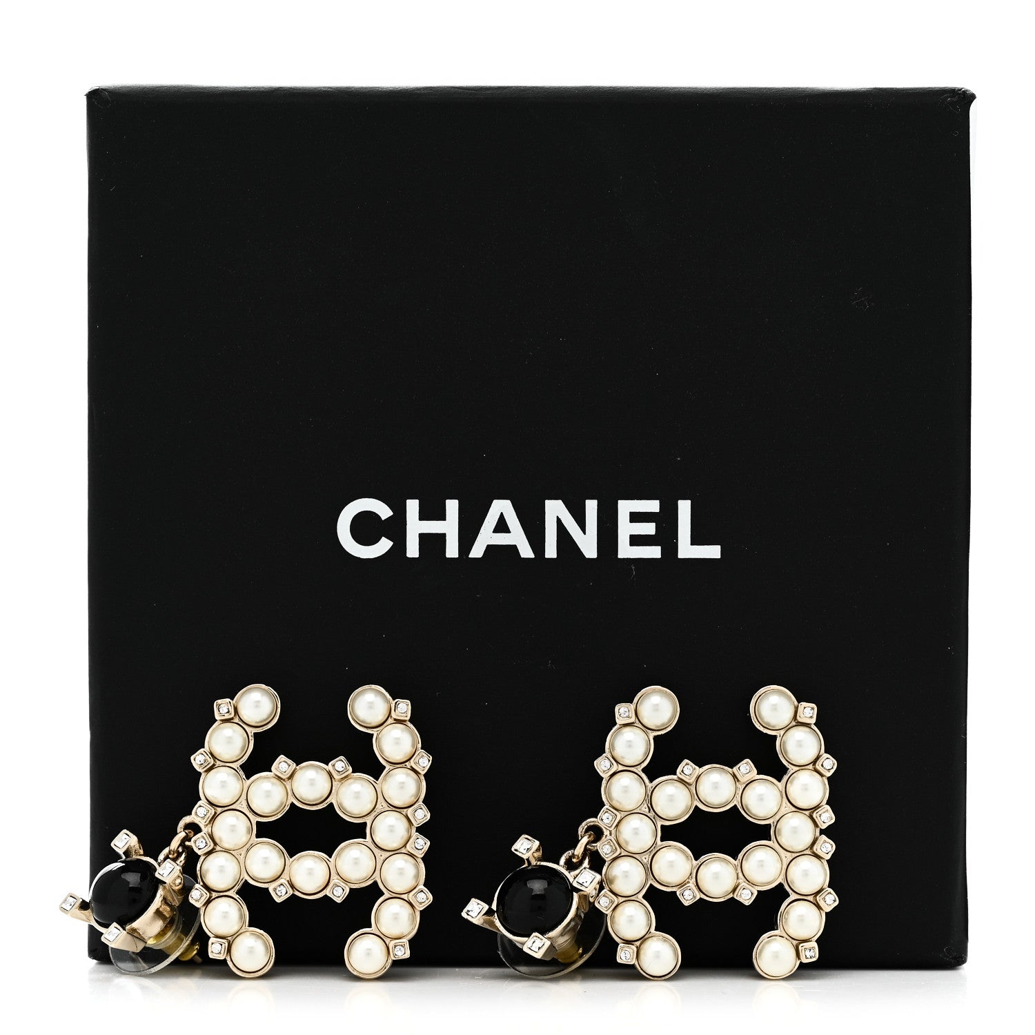 Resin Crystal Pearl CC Drop Earrings Black Gold