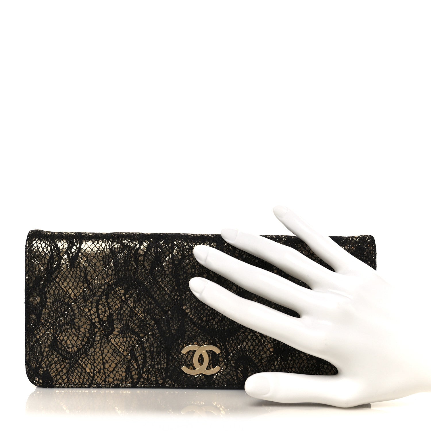 Metallic Fabric Lace Effect Quilted Clutch Black Gold