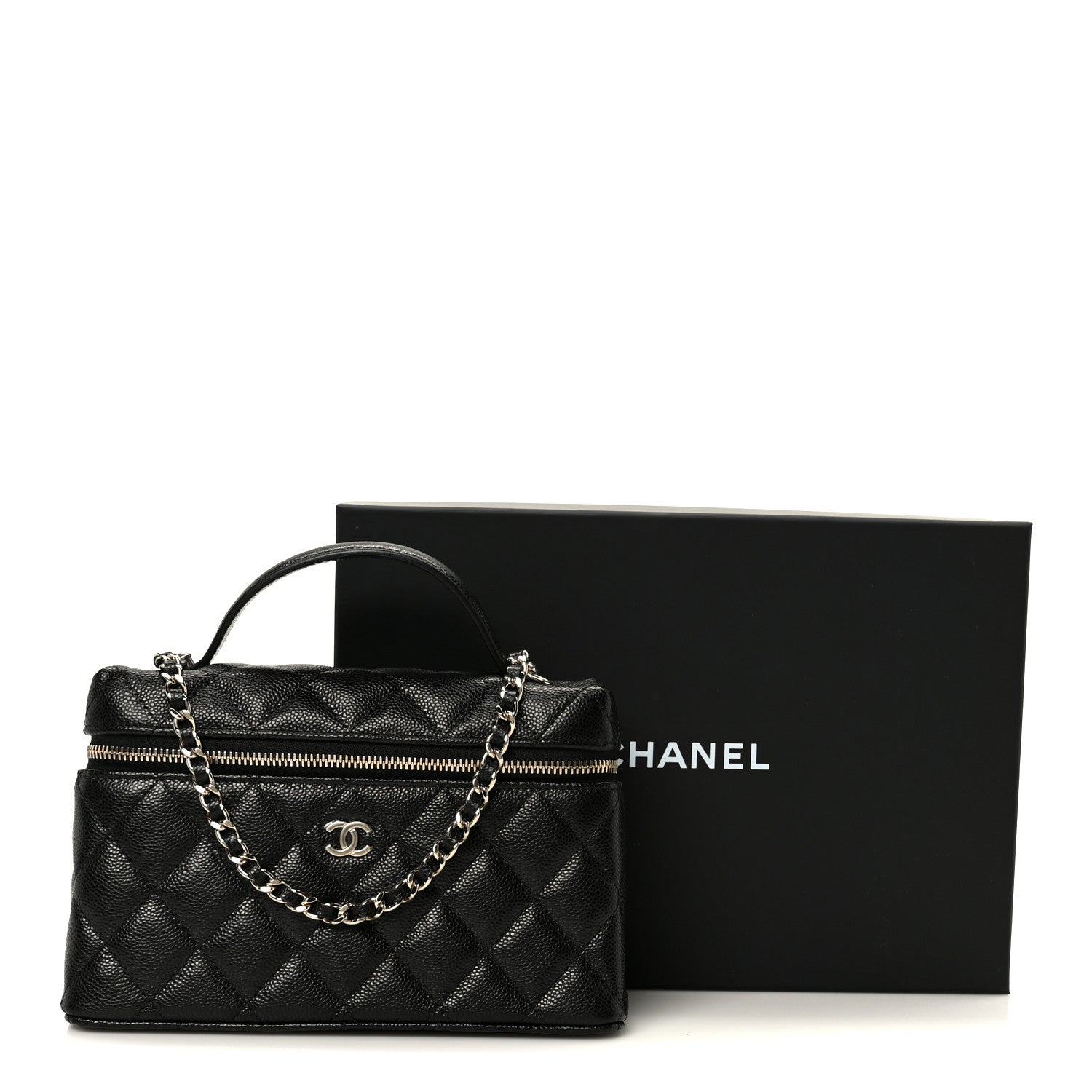 Caviar Quilted Top Handle Slim Vanity With Chain Black