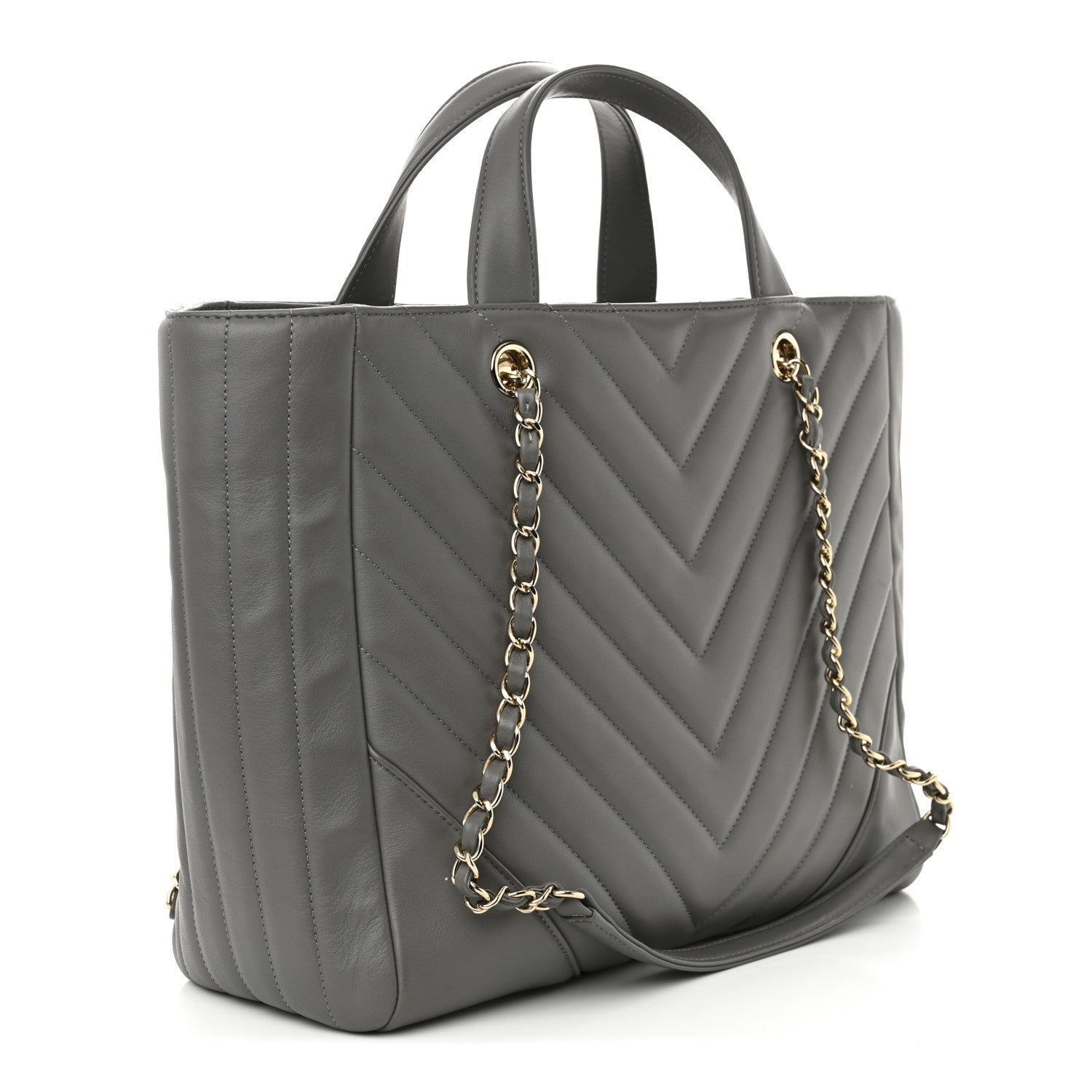 Calfskin Chevron Quilted Statement Shopping Tote Grey