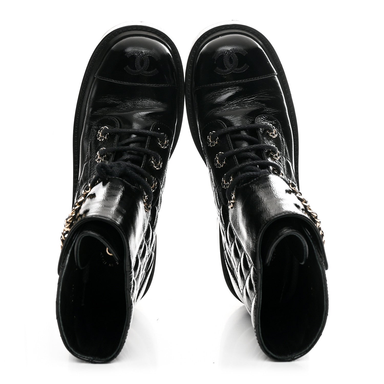Shiny Calfskin Quilted Lace Up Combat Boots 36 Black