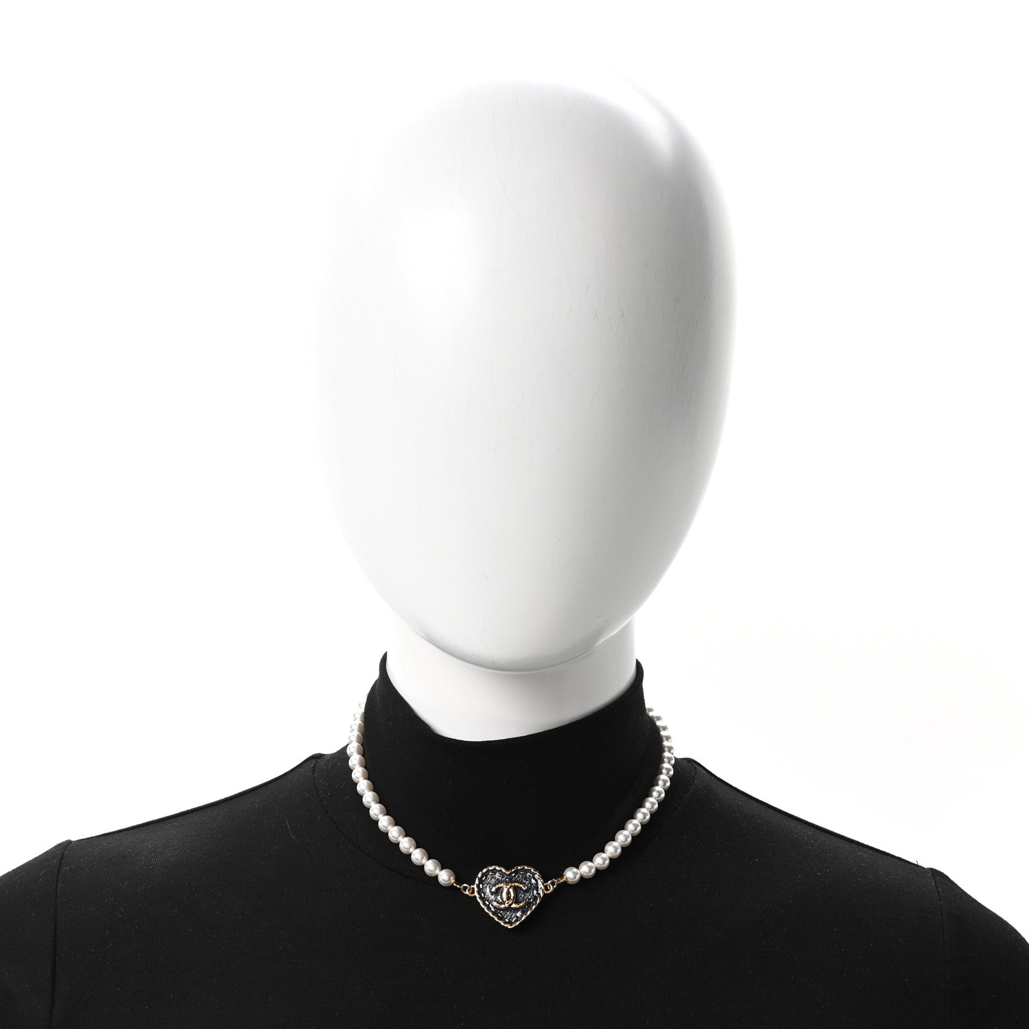 Metal Denim CC Heart Choker Gold Blue Pearly White