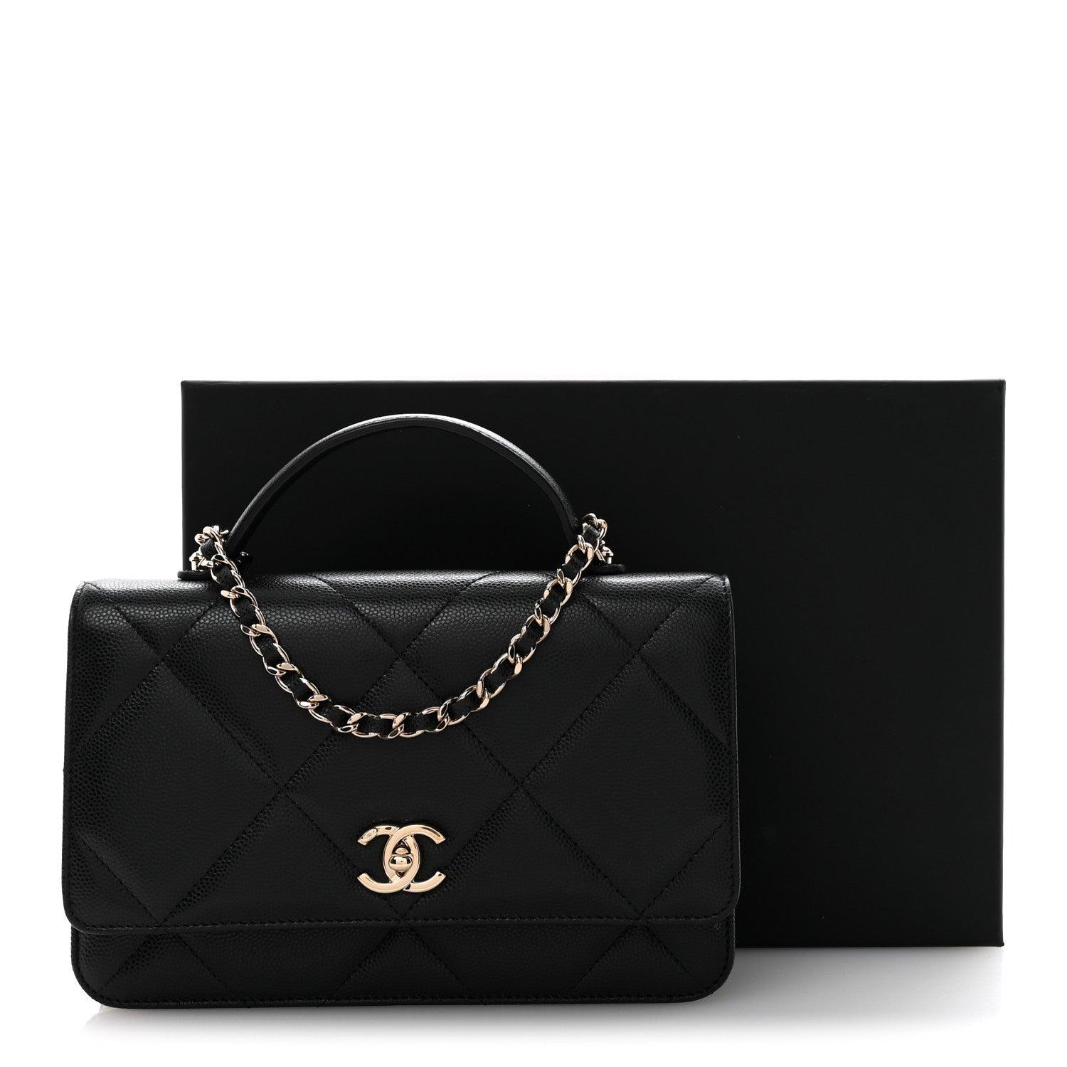 Shiny Caviar Quilted Turnlock Top Handle Wallet On Chain WOC Black