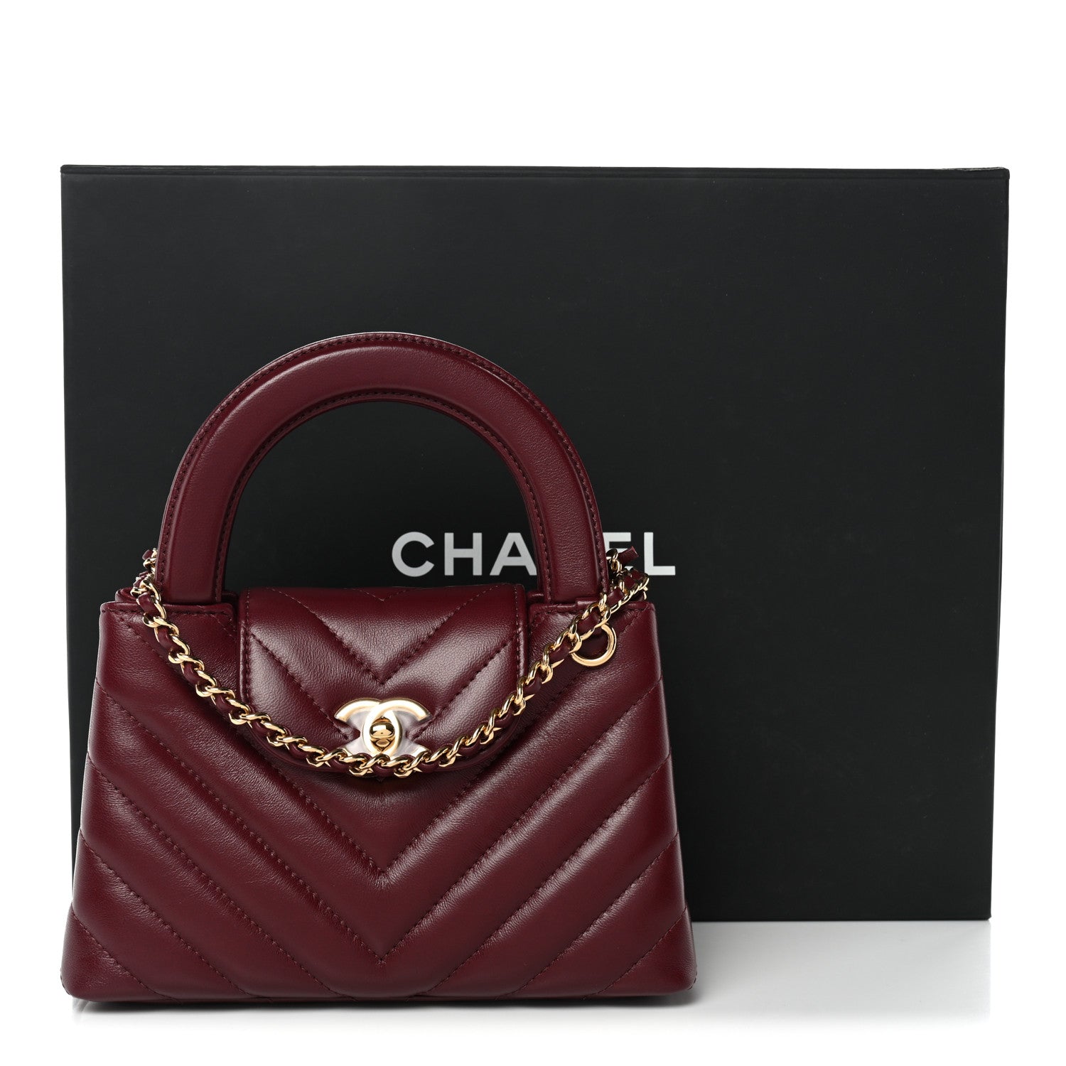 Shiny Lambskin Chevron Quilted Nano Kelly Shopper Dark Burgundy
