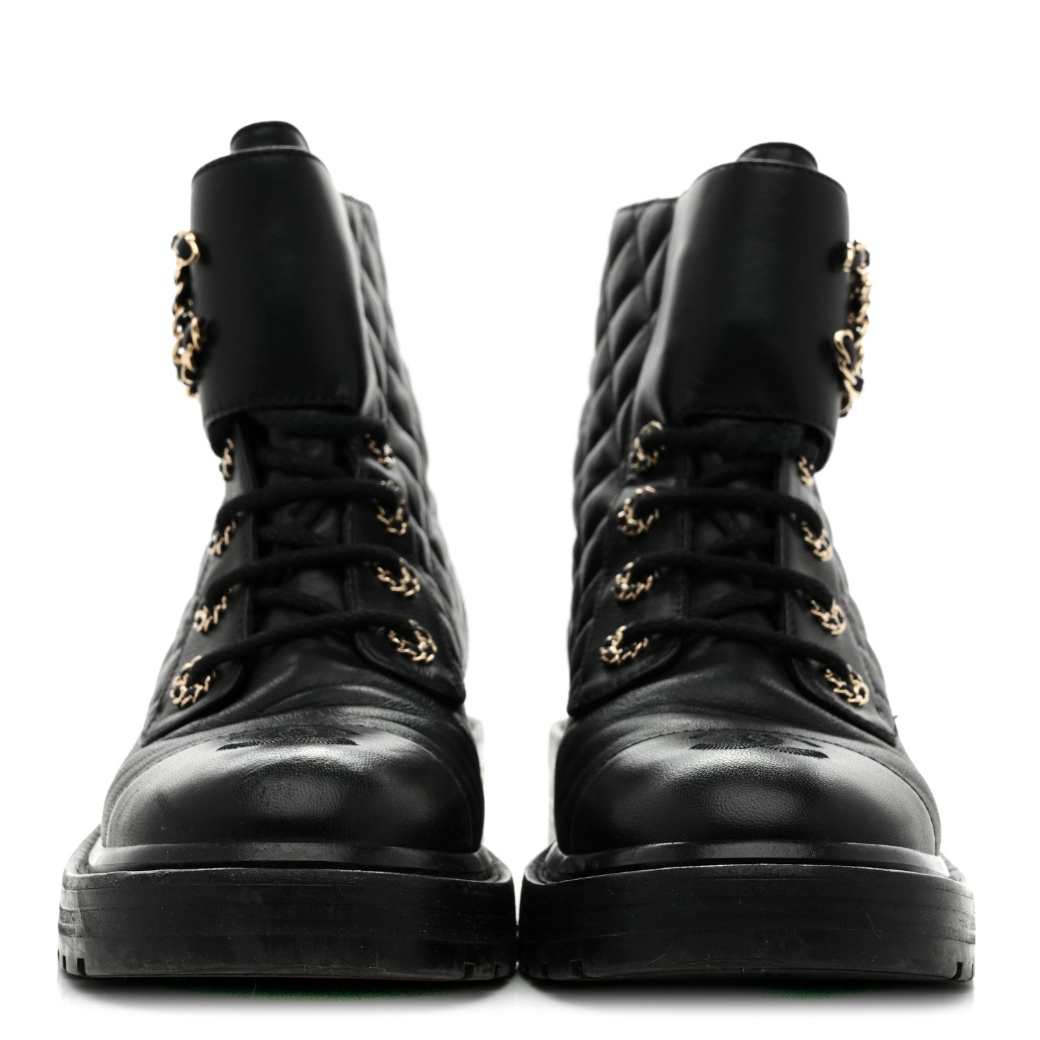 Shiny Lambskin Quilted Lace Up Combat Boots 38 Black