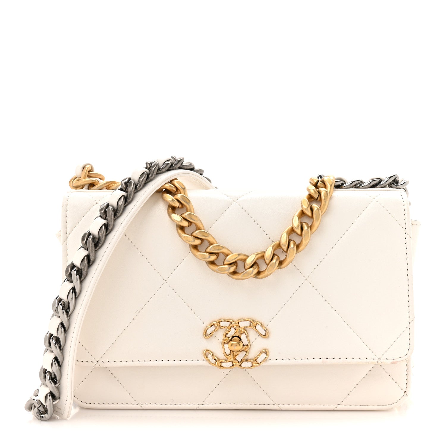 Lambskin Quilted Chanel 19 Wallet On Chain WOC White