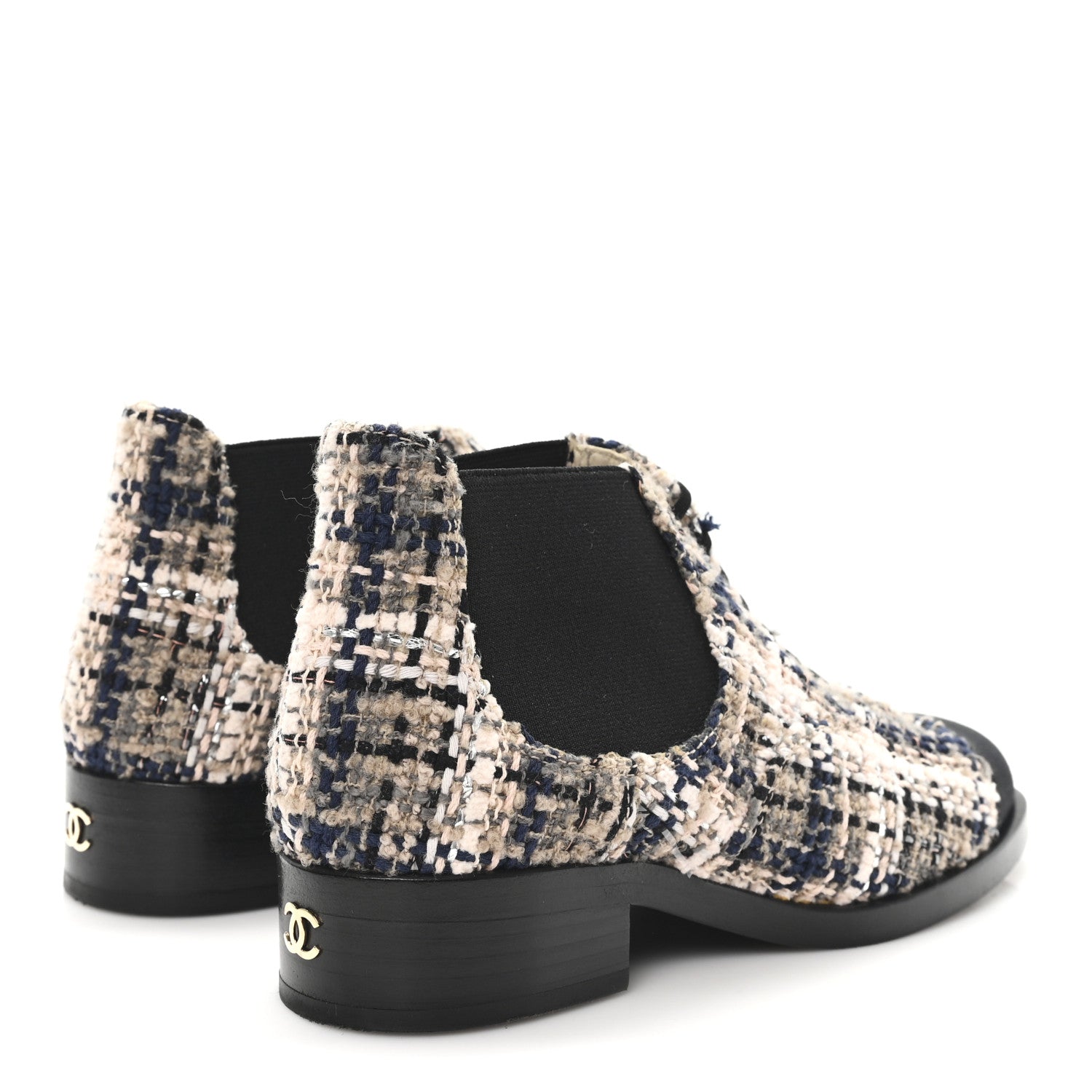 Tweed Calfskin Pearl Combat Short Boots 36 Beige Pink Black