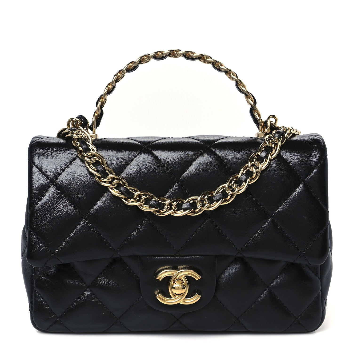 Shiny Lambskin Quilted Golden Links Top Handle Flap Black