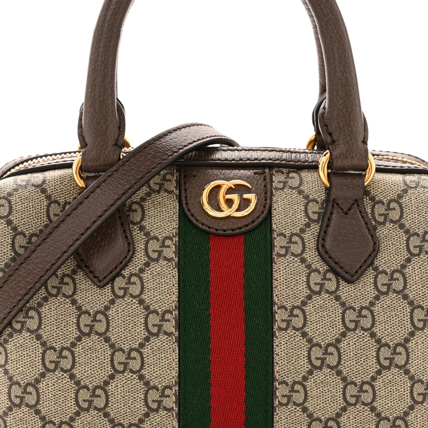GG Supreme Monogram Textured Dollar Calfskin Web Mini Ophidia Top Handle Bag Beige Ebony New Acero
