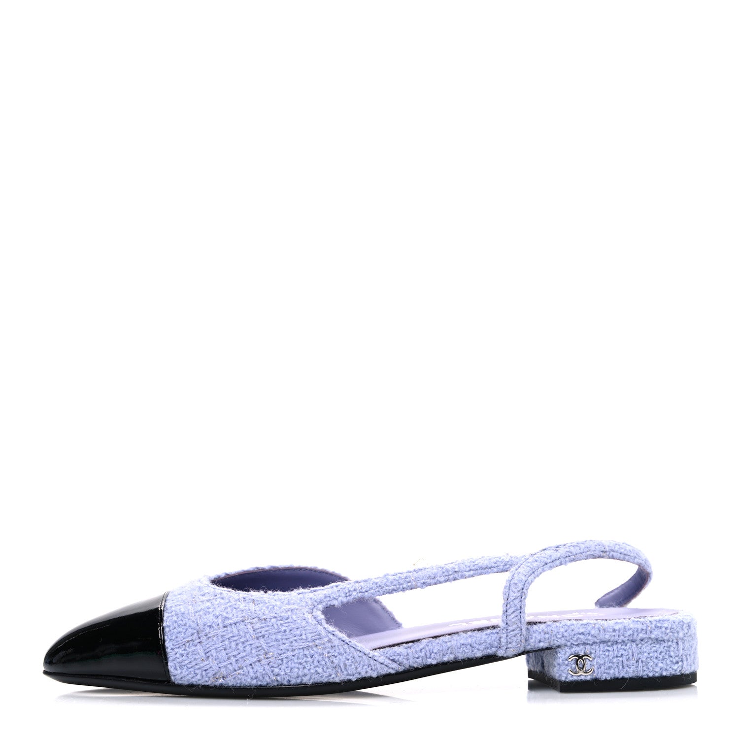 Iridescent Wool Tweed Patent Cap Toe CC Slingback Flats 39.5 Light Purple Silver Black