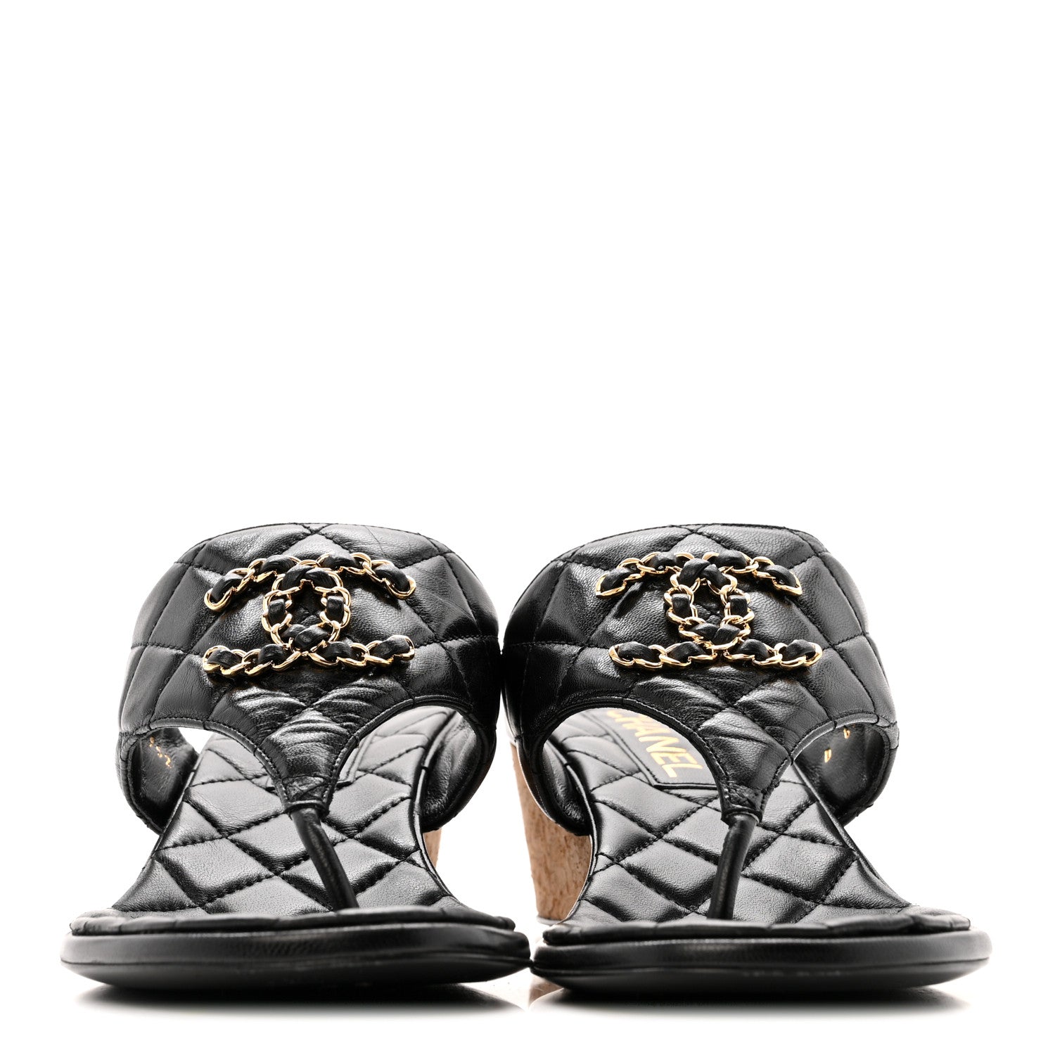 Shiny Goatskin Cork CC Wedge Sandals 37.5 Black
