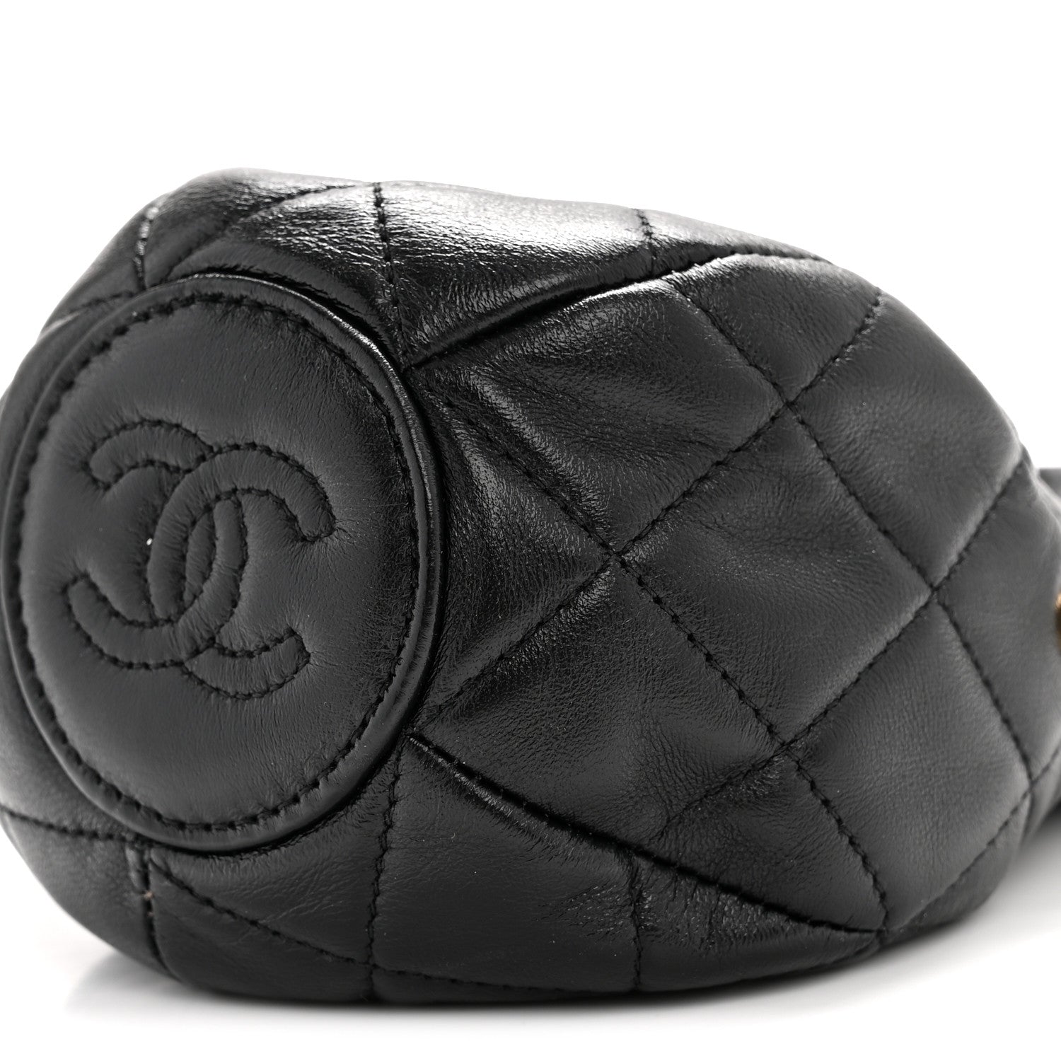 Shiny Lambskin Quilted Mini Drawstring CC Bucket Bag Black