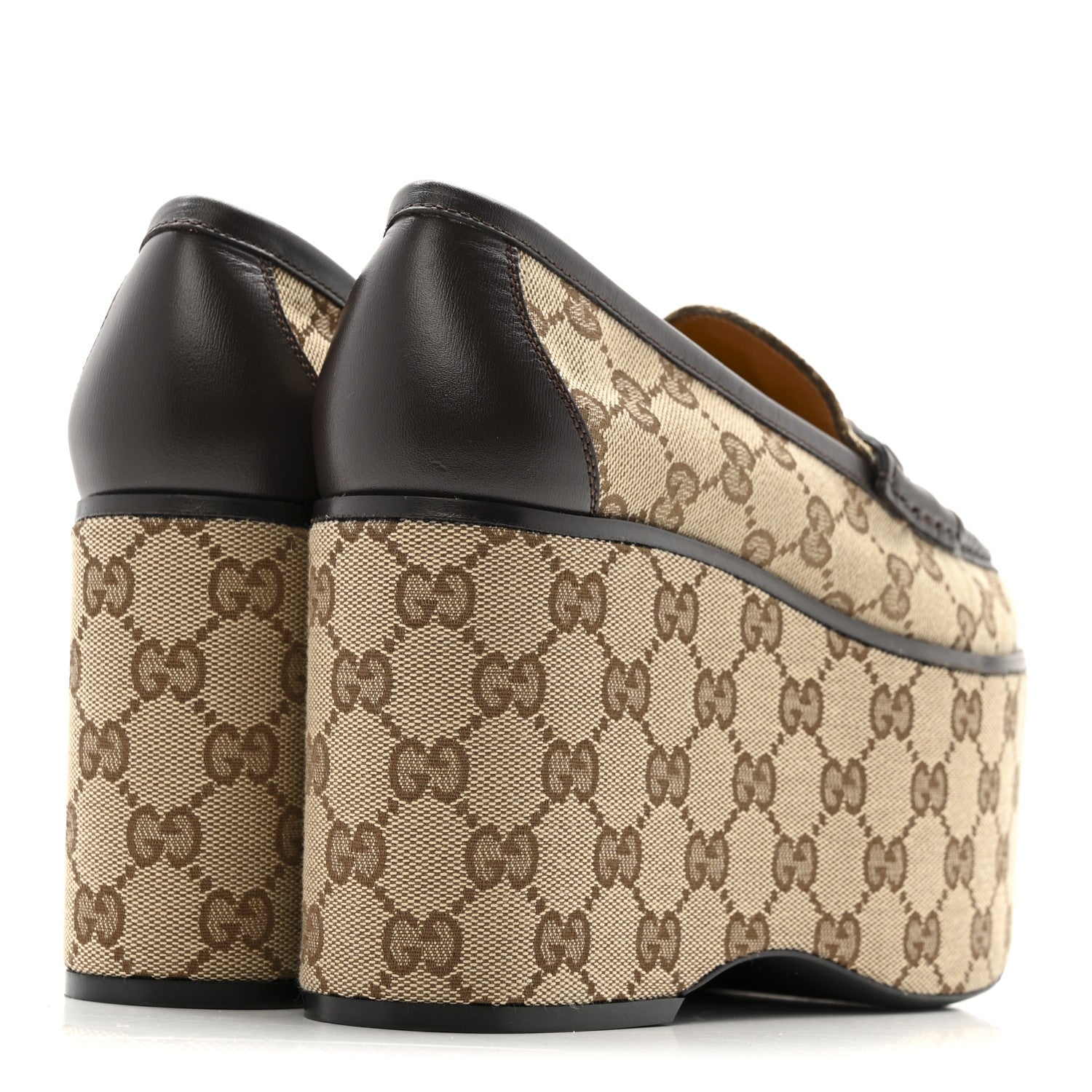 Canvas GG Monogram Horsebit Calfskin Womens Horsebit Platform Loafers 38 Beige Ebony