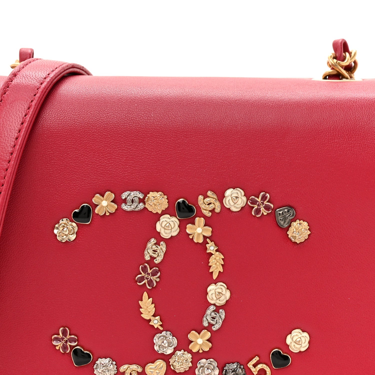 Lambskin Quilted Lucky Charms CC Crossbody Messenger Flap Red