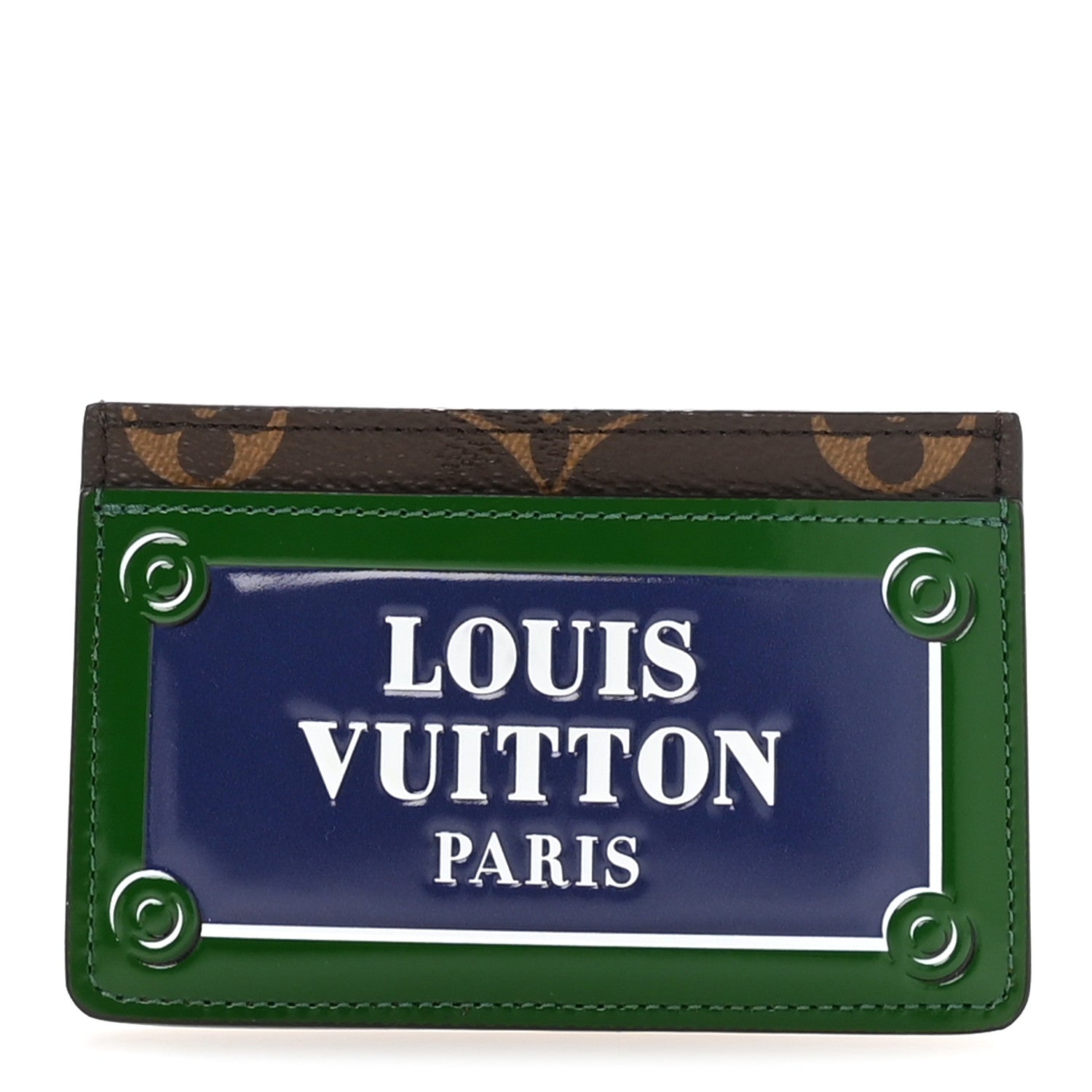 Monogram Calfskin Simple Card Holder Blue Green