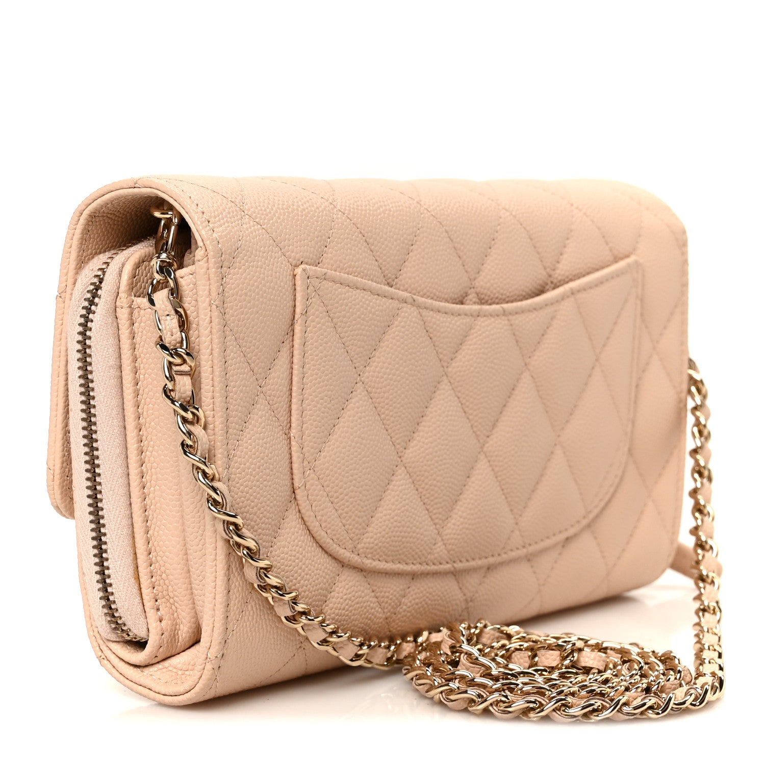 Caviar Quilted Phone Holder Wallet on Removable Chain Light Beige