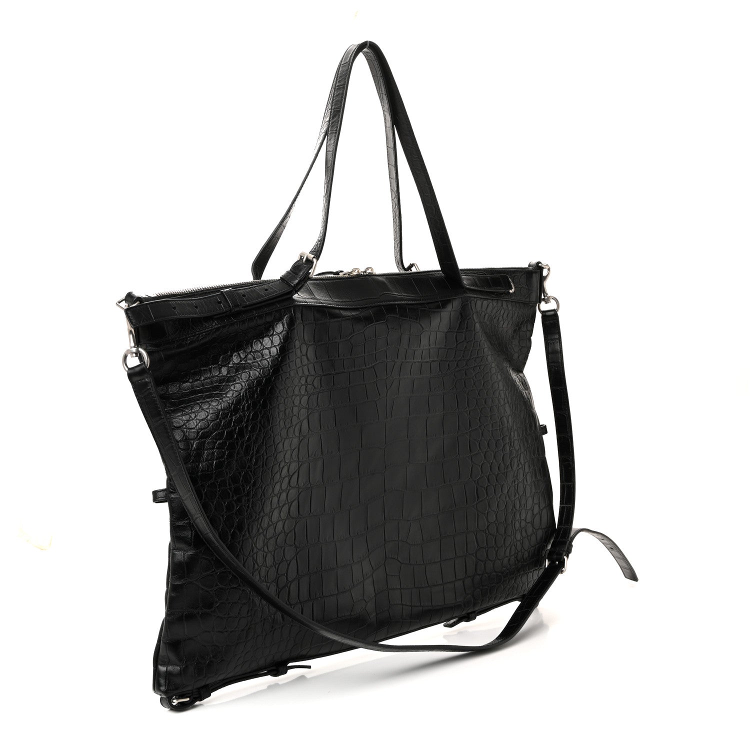 Calfskin Crocodile Embossed Large Convertible ID Bag Black