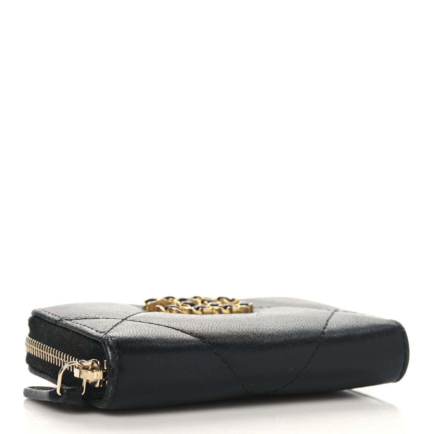 Lambskin Quilted Chanel 19 Zip Around Coin Purse Wallet Black