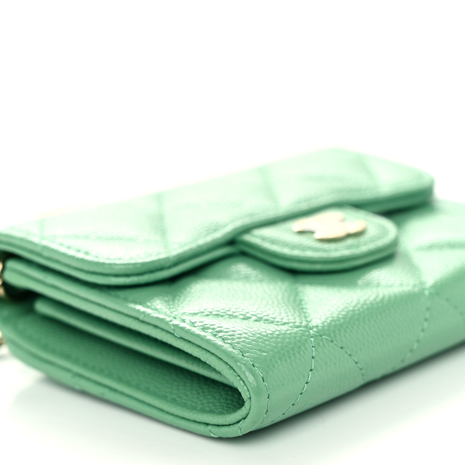 Caviar Quilted Flap Card Holder On Chain Light Green